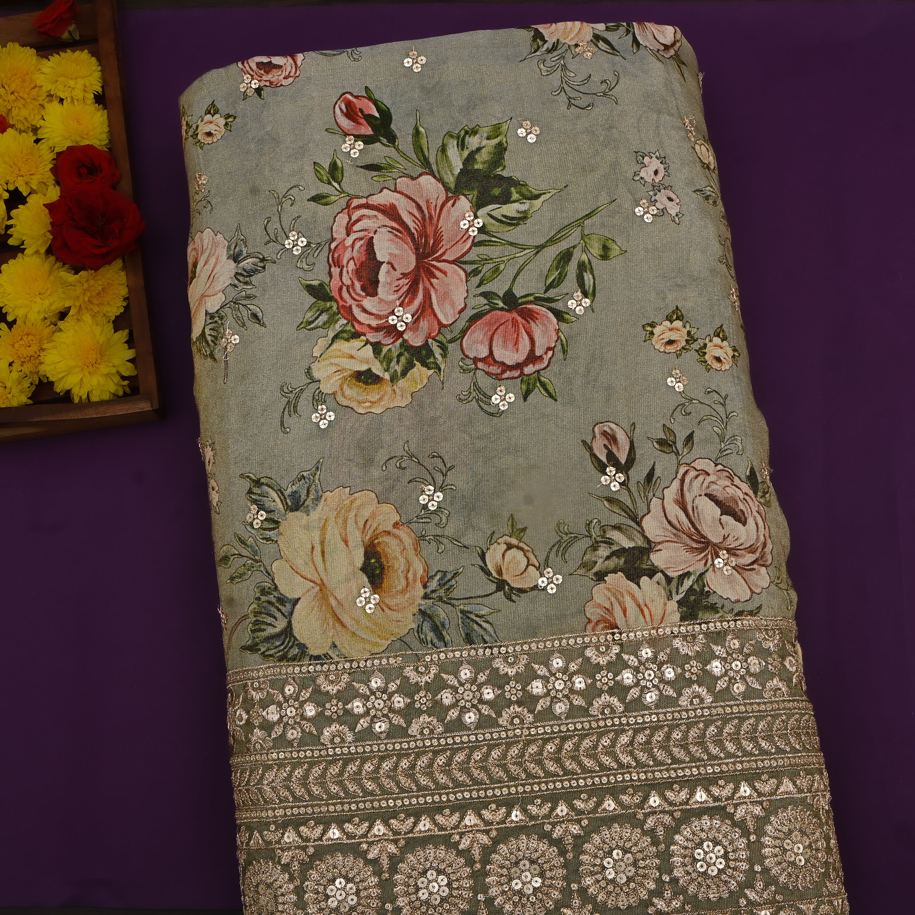 Dark Gray Floral Print Sequin Border Tissue Fabric