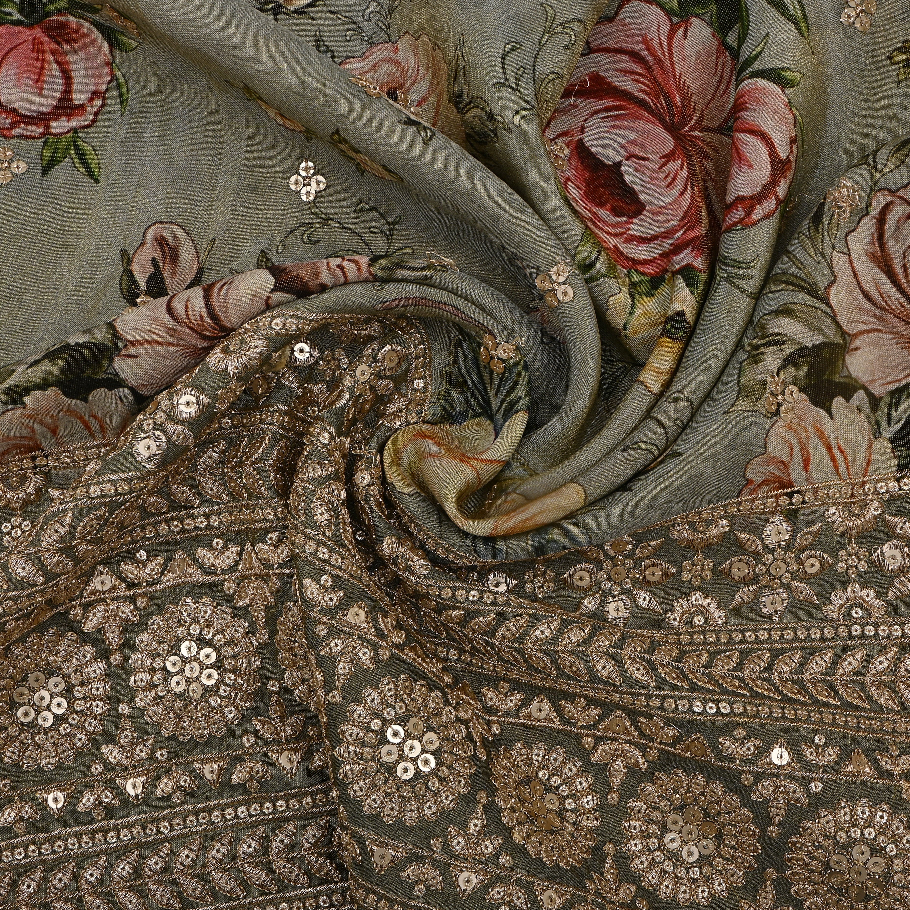 Dark Gray Floral Print Sequin Border Tissue Fabric