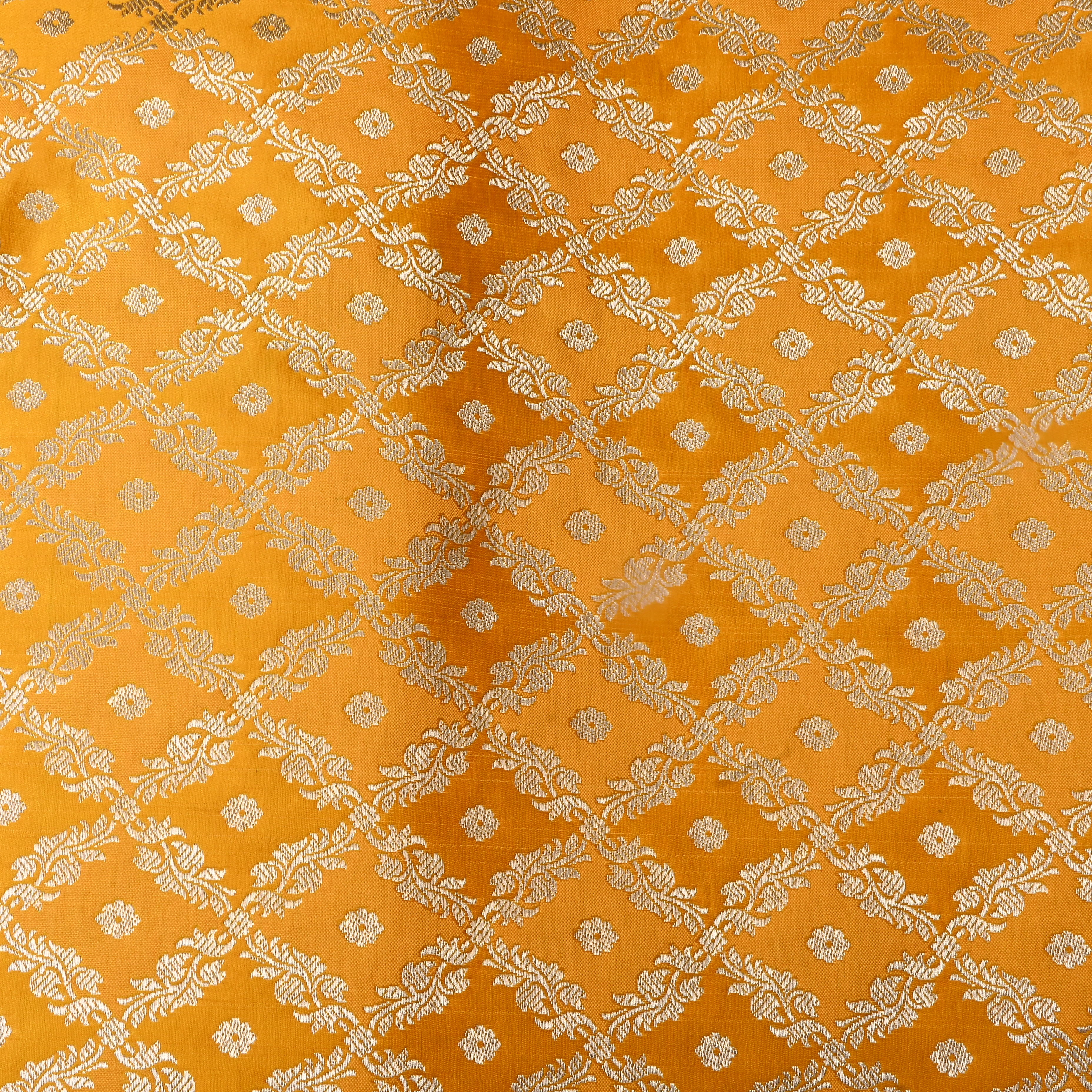 Bright Yellow Floral Jamawar Satin Fabric