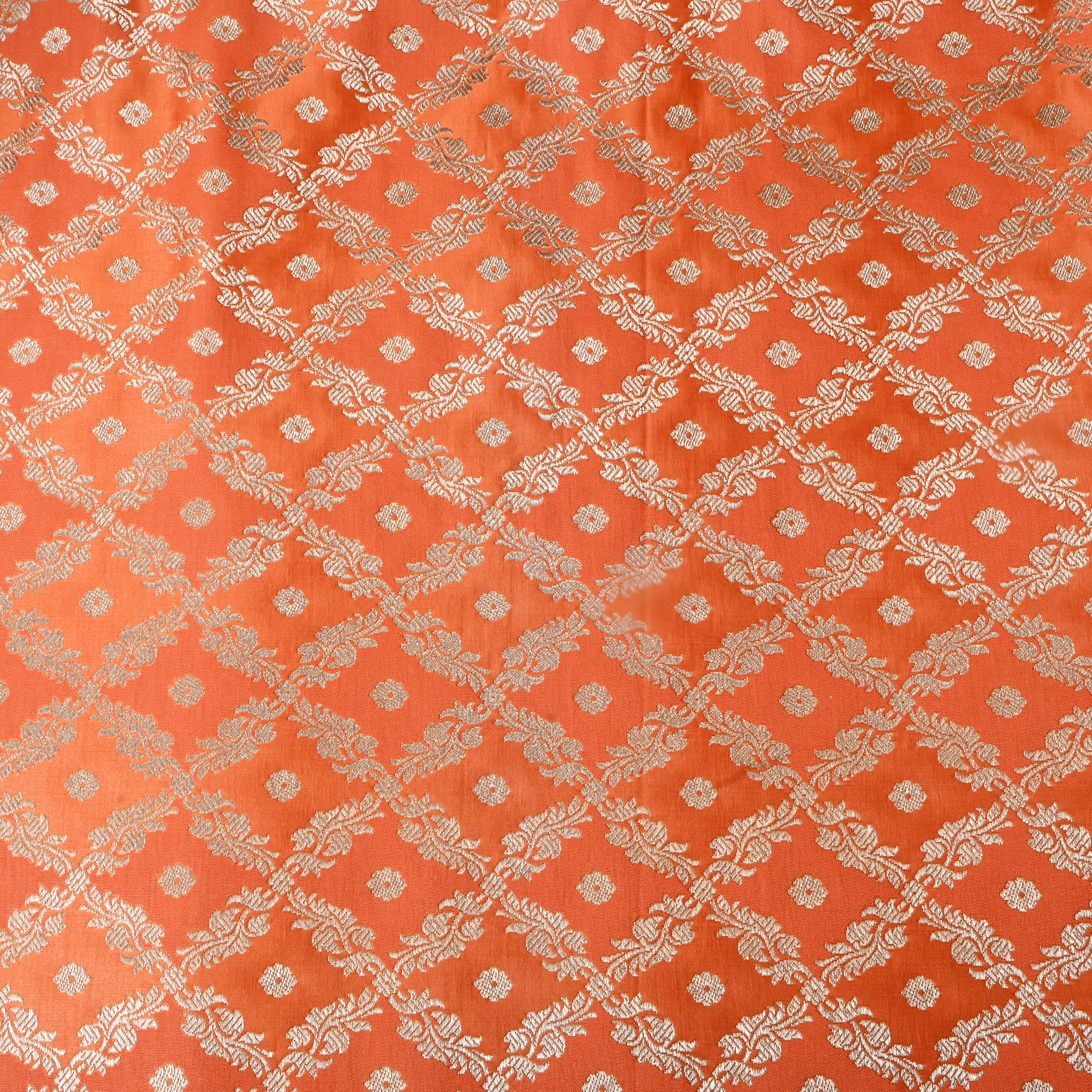 Orange Floral Jamawar Satin Fabric