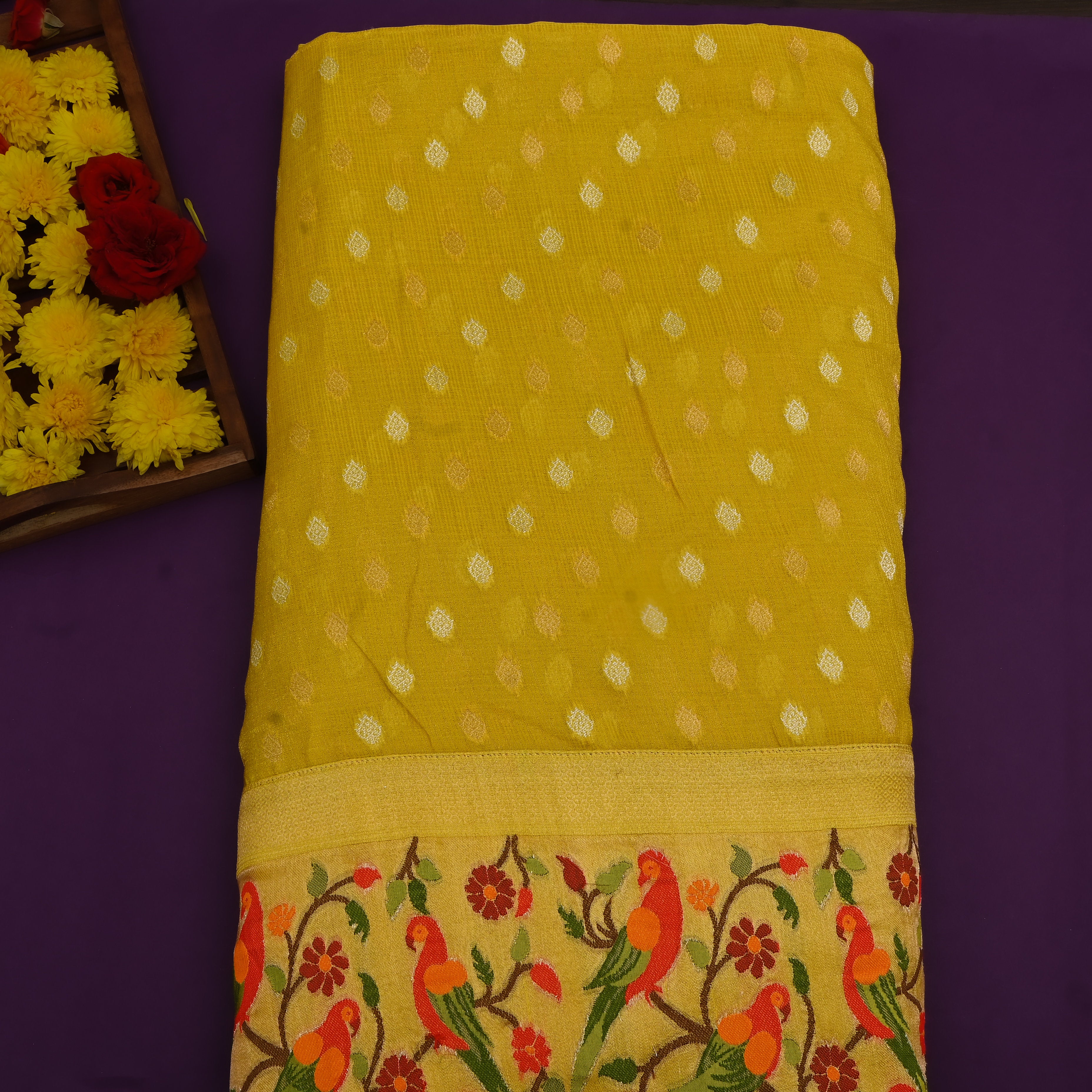 Mustard Yellow Parrot Border Jamawar Fabric