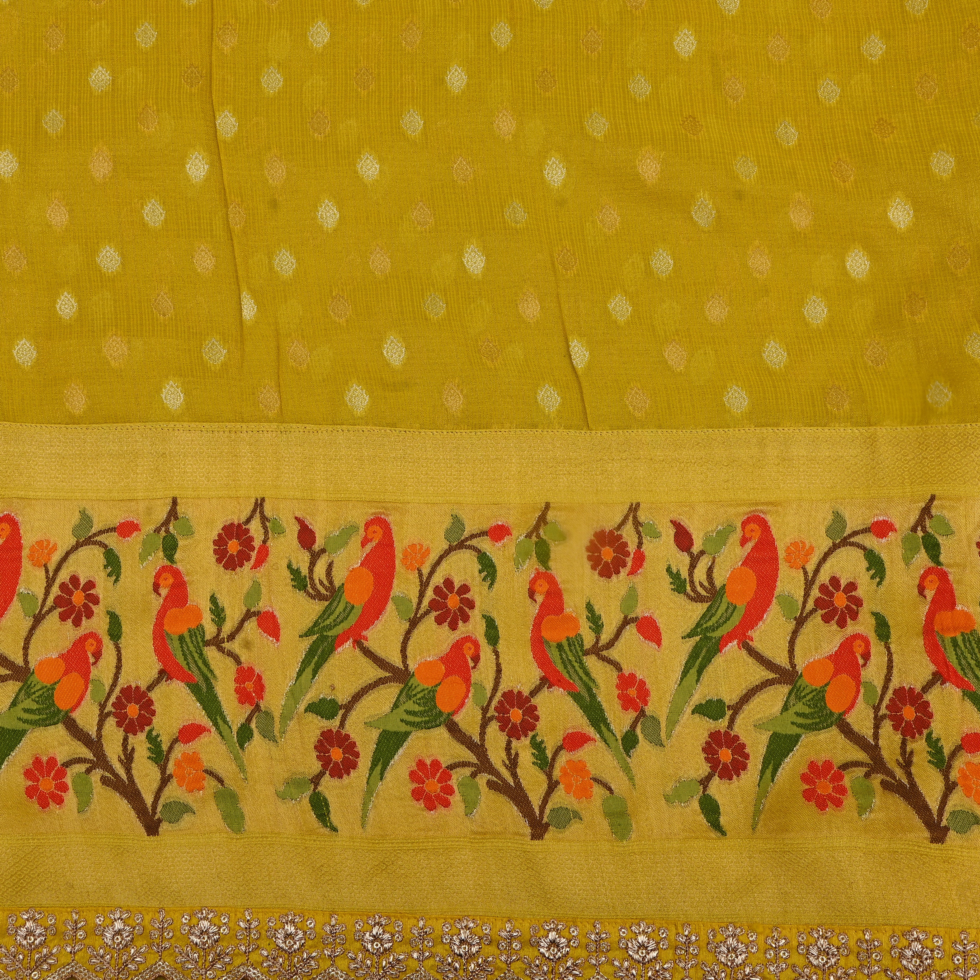 Mustard Yellow Parrot Border Jamawar Fabric