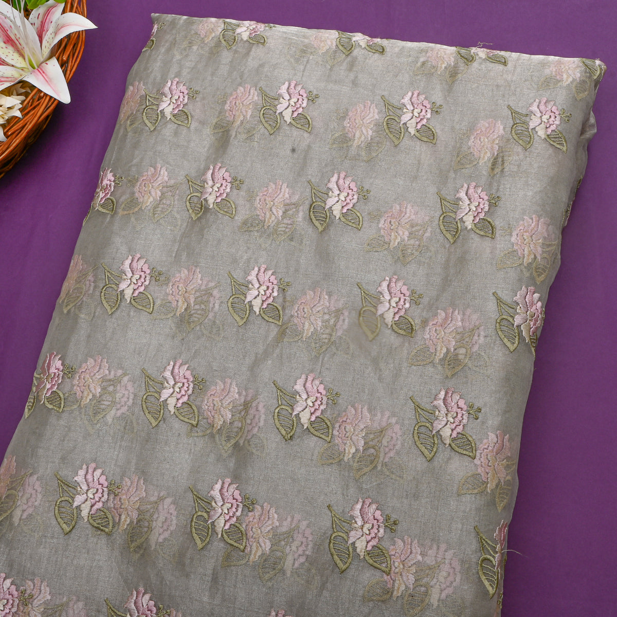 Bright Grey Tissue Fabric With Repeating Floral Thread Work