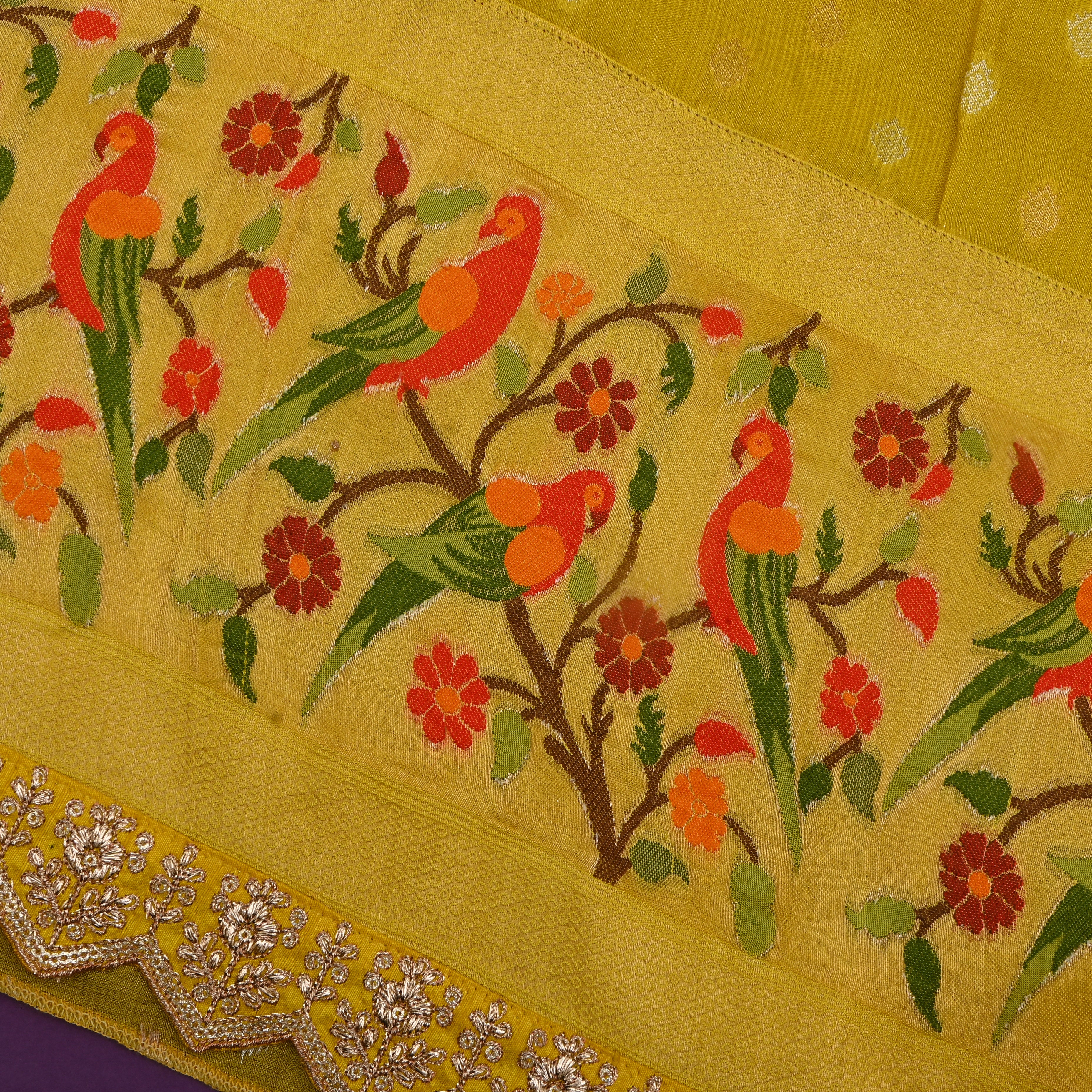 Mustard Yellow Parrot Border Jamawar Fabric