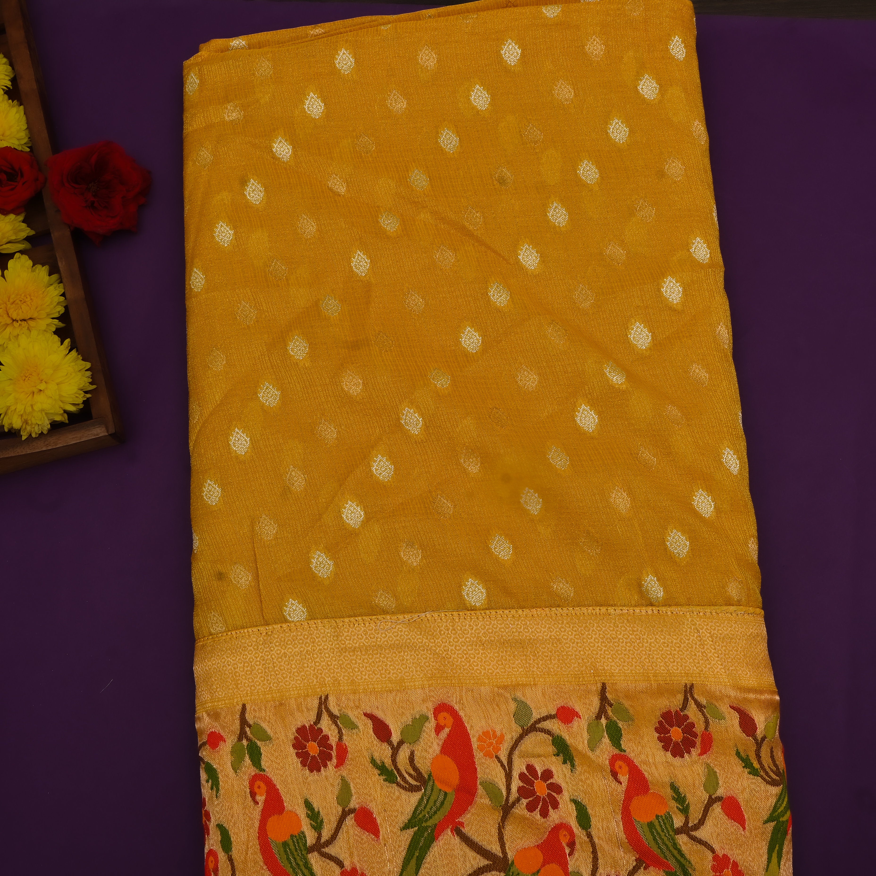 Turmeric Yellow Parrot Border Jamawar Fabric
