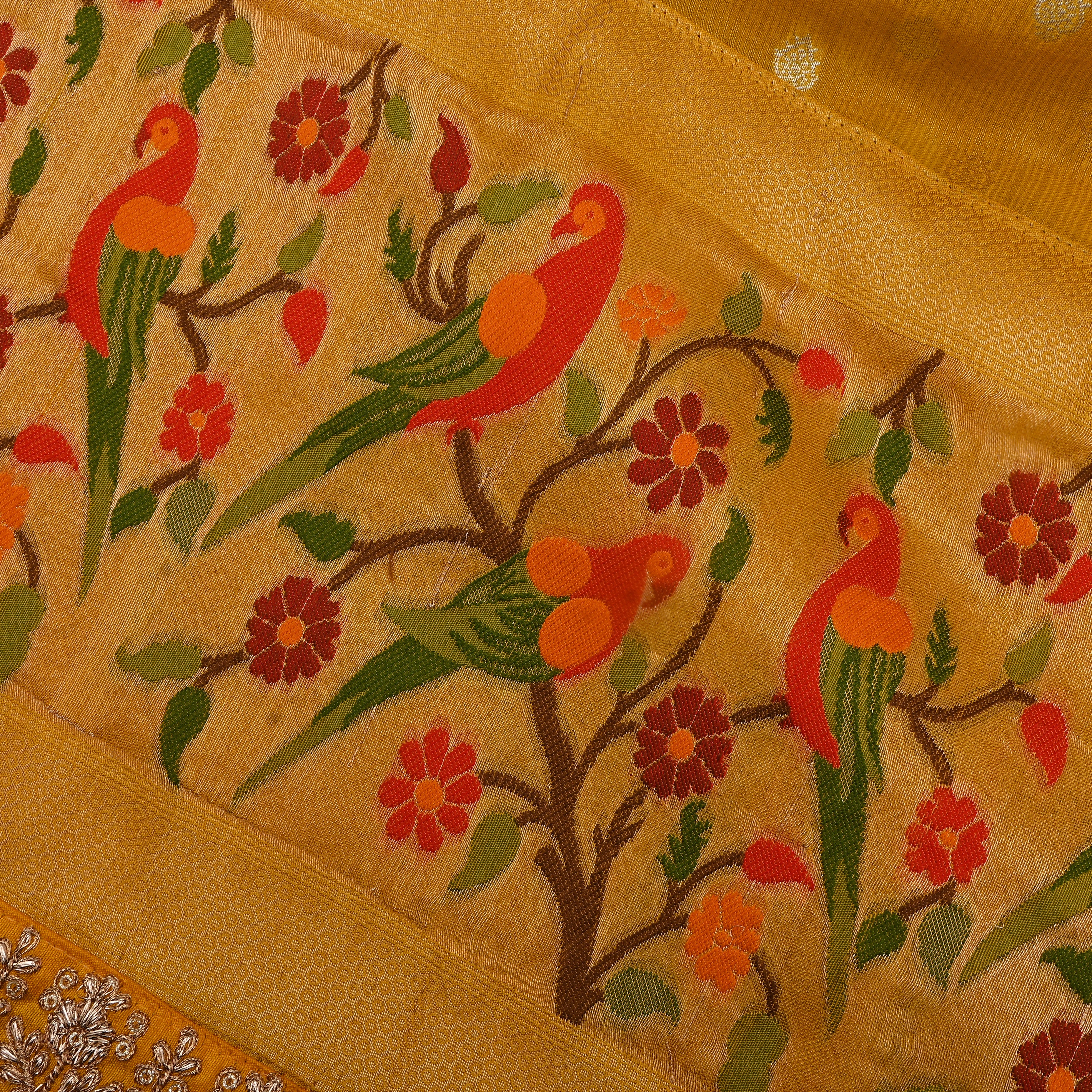 Turmeric Yellow Parrot Border Jamawar Fabric