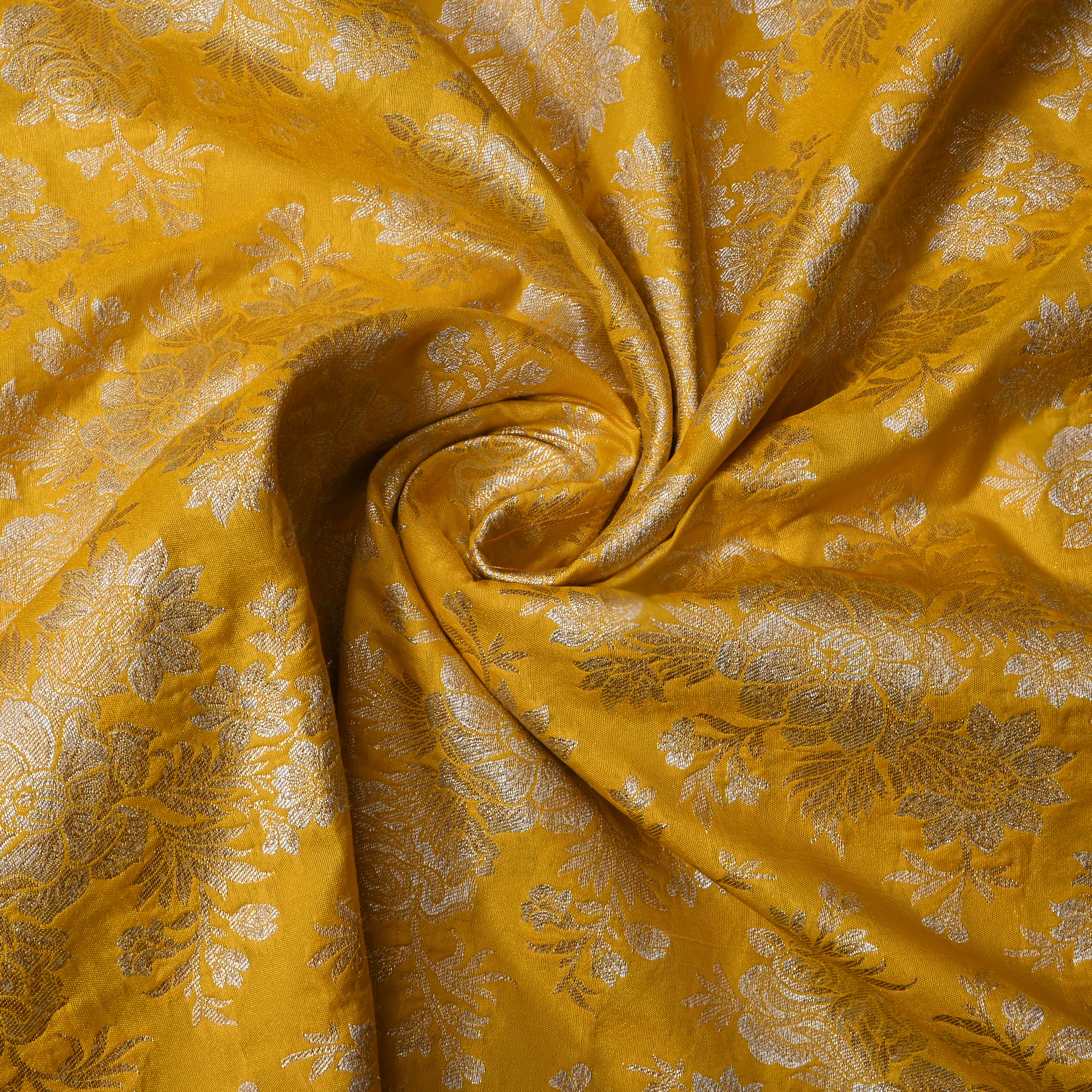 Bright Yellow Floral Woven Jamawar Silk Fabric