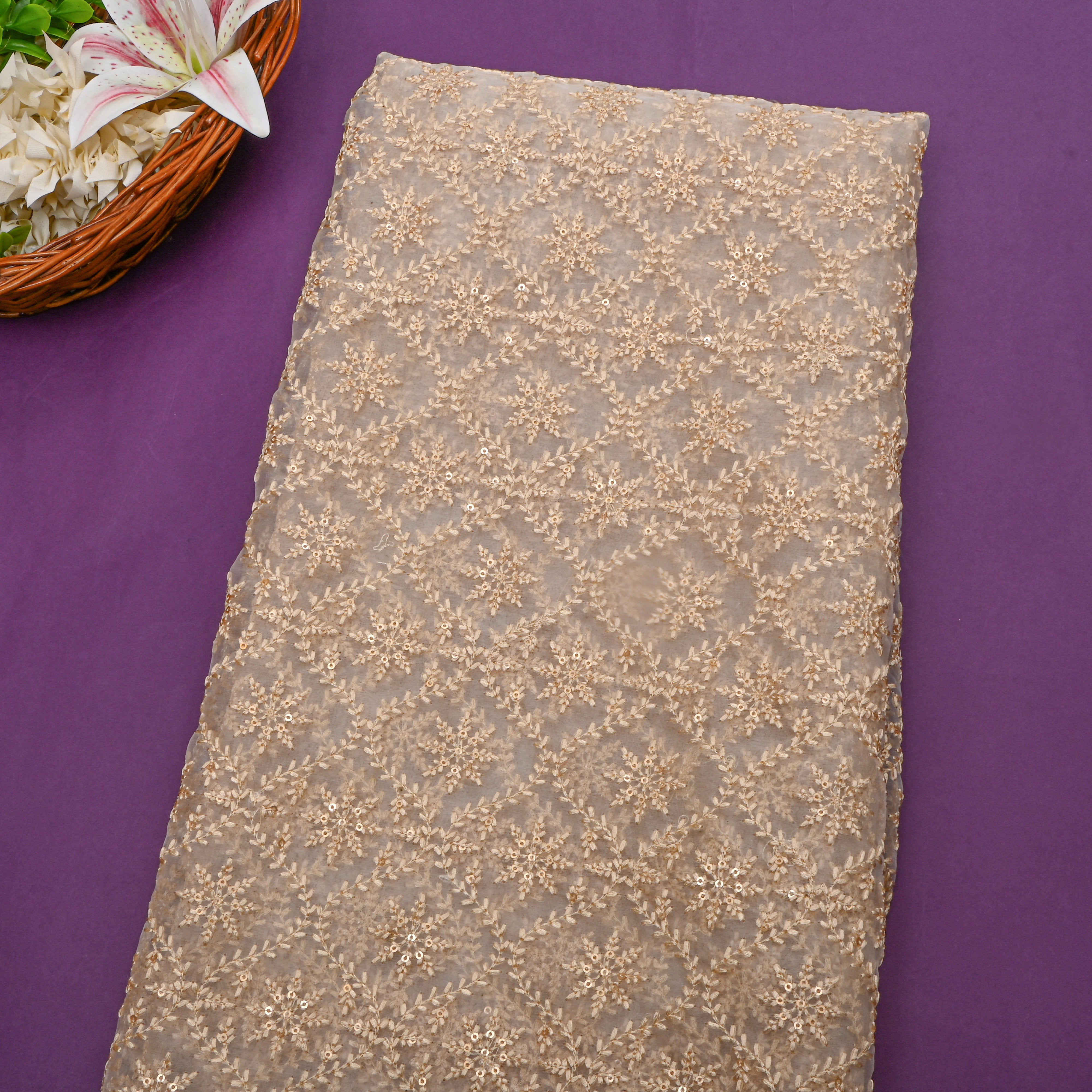 White Gold Embroidered Organza Fabric