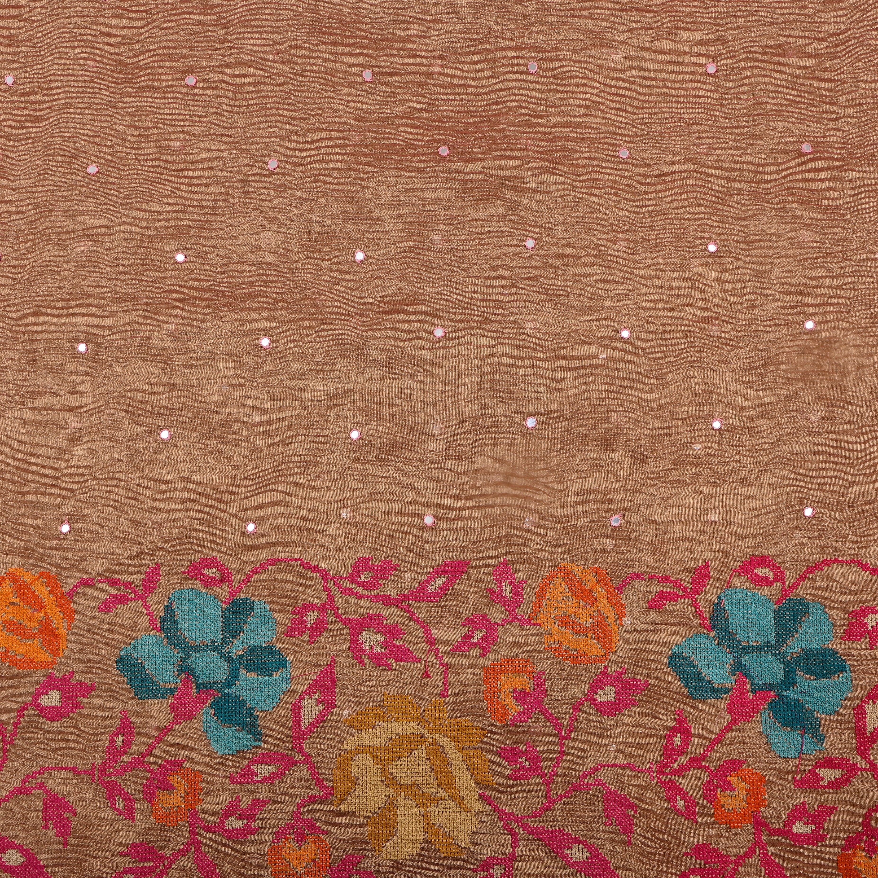 Copper Brown Multicolour Floral Cutwork Weave Tissue Fabric