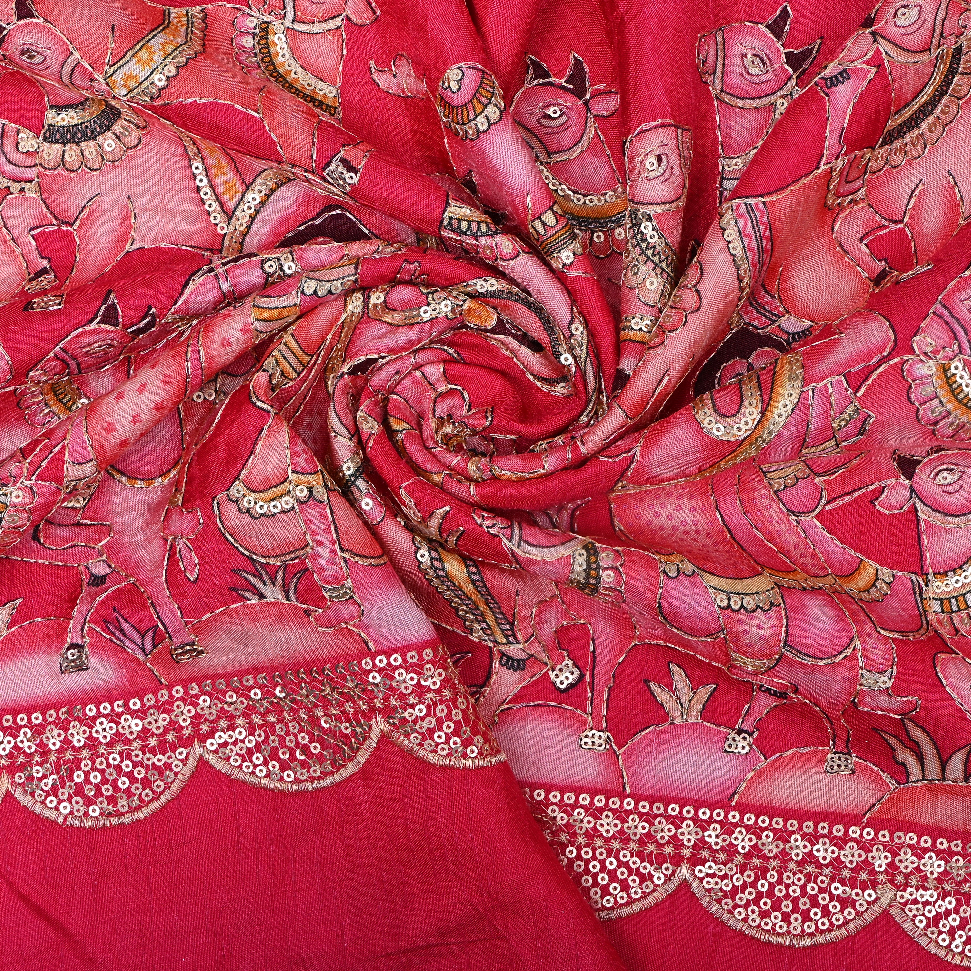 Rani Pink Pastoral Figures Sequin Embroidery Silk Fabric