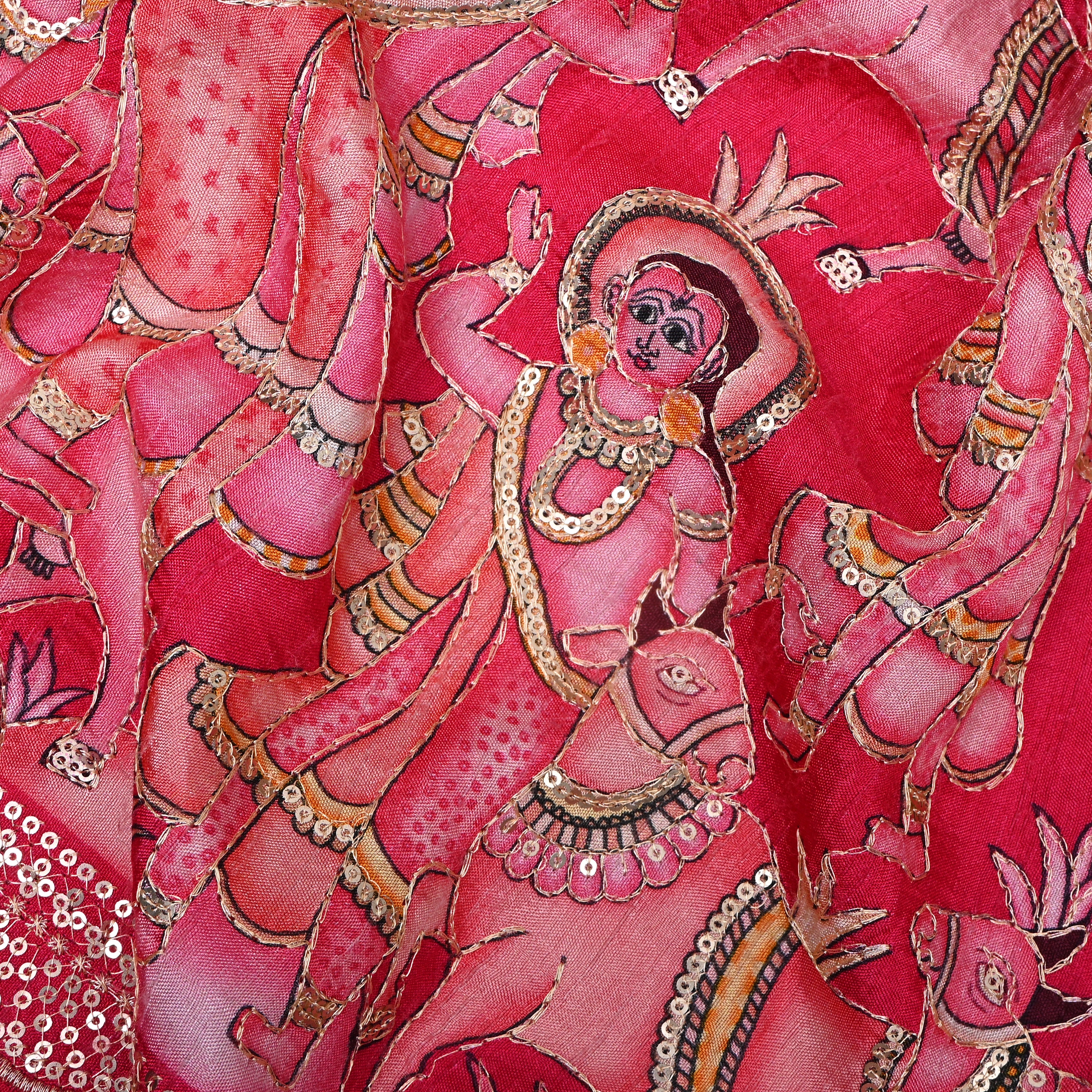 Rani Pink Pastoral Figures Sequin Embroidery Silk Fabric