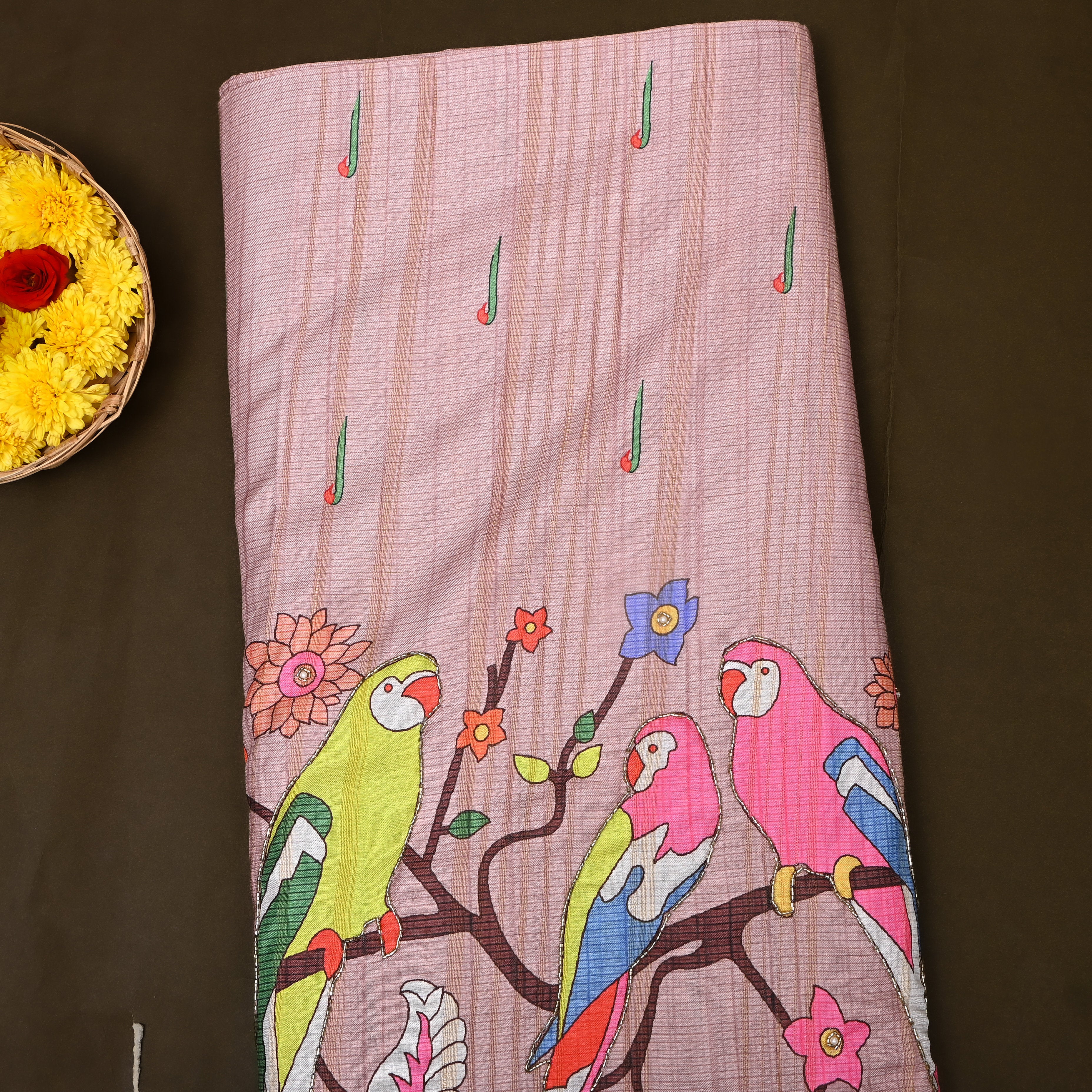 Dusty Rose Parrot Kalamkari Print Kota Embroidery Fabric