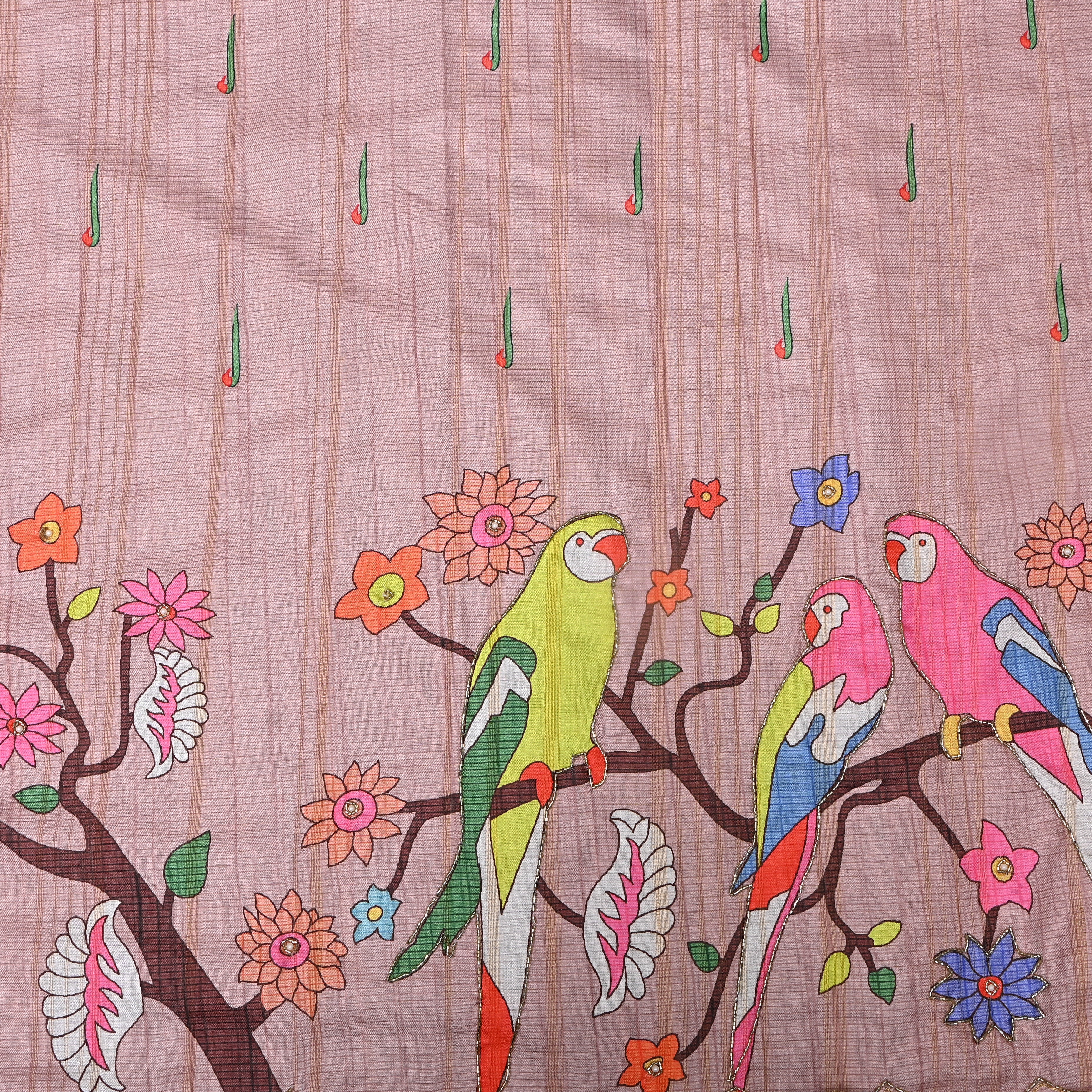 Dusty Rose Parrot Kalamkari Print Kota Embroidery Fabric