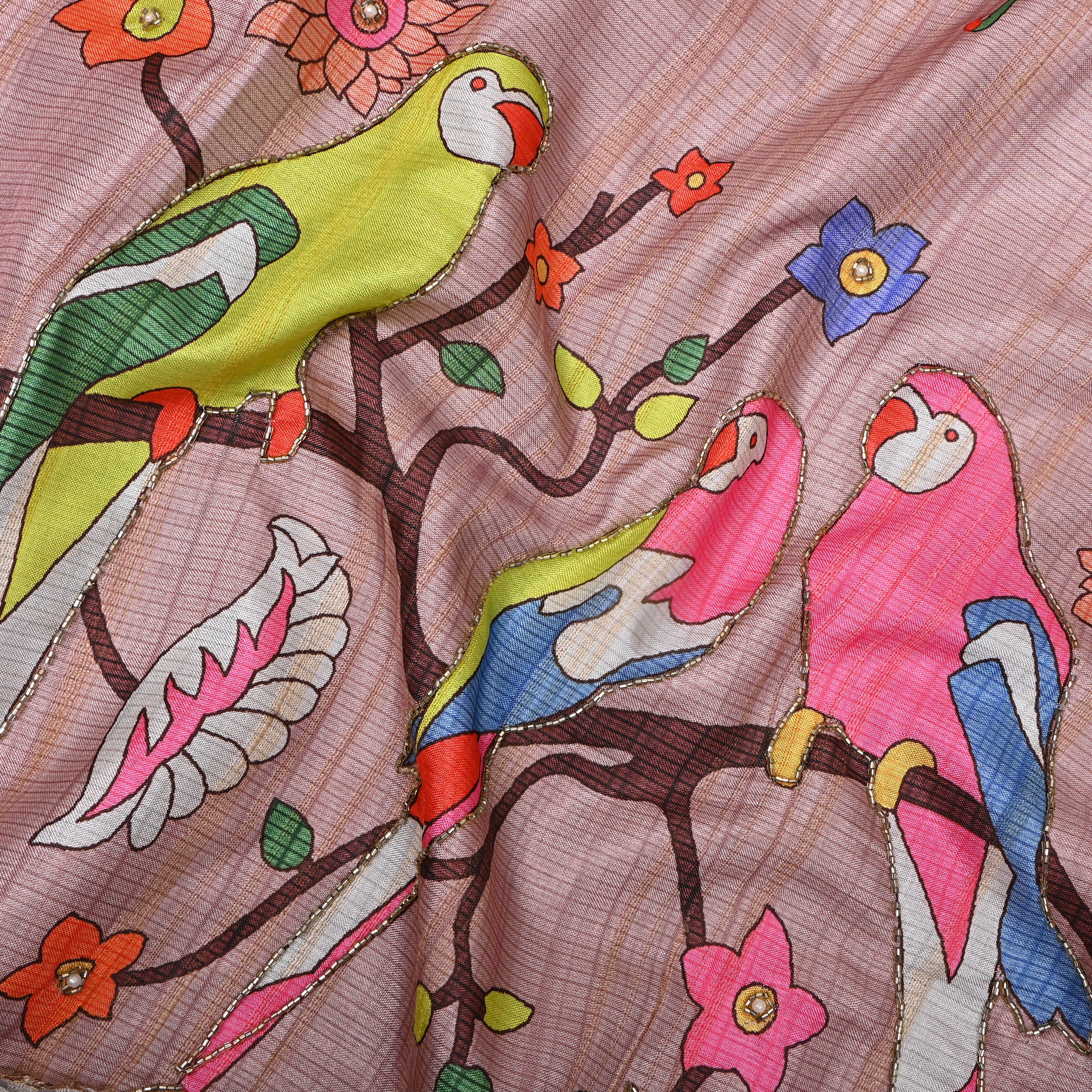 Dusty Rose Parrot Kalamkari Print Kota Embroidery Fabric