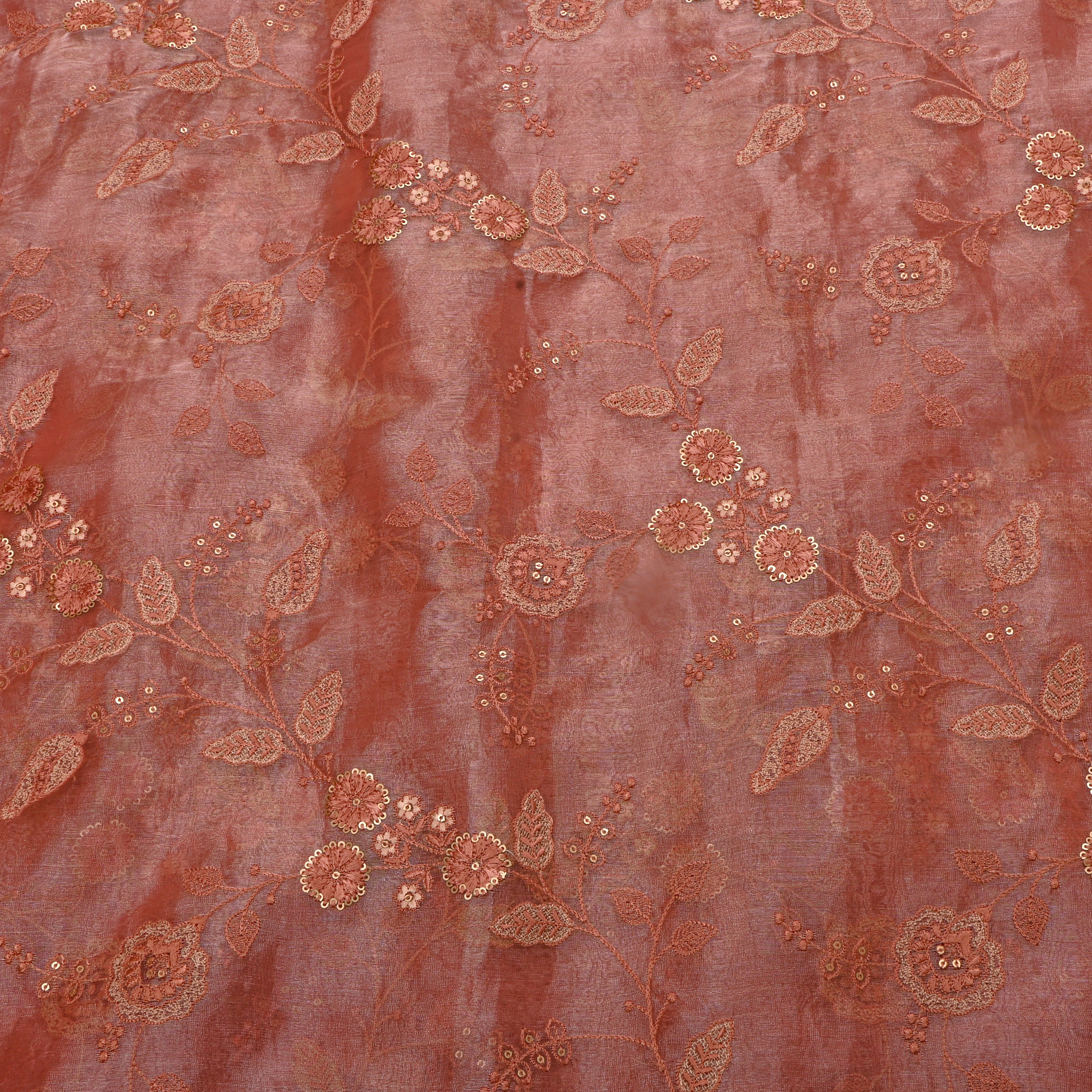 Coral Orange Embroidery Tissue Fabric