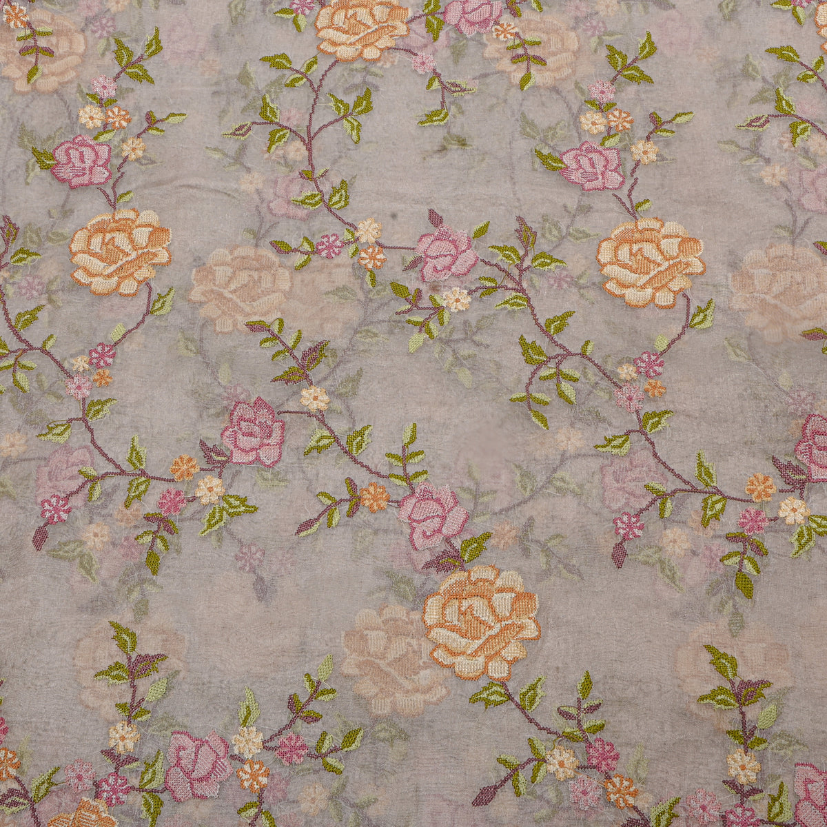 Beige Tissue Fabric With Rose Jaal Thread Work