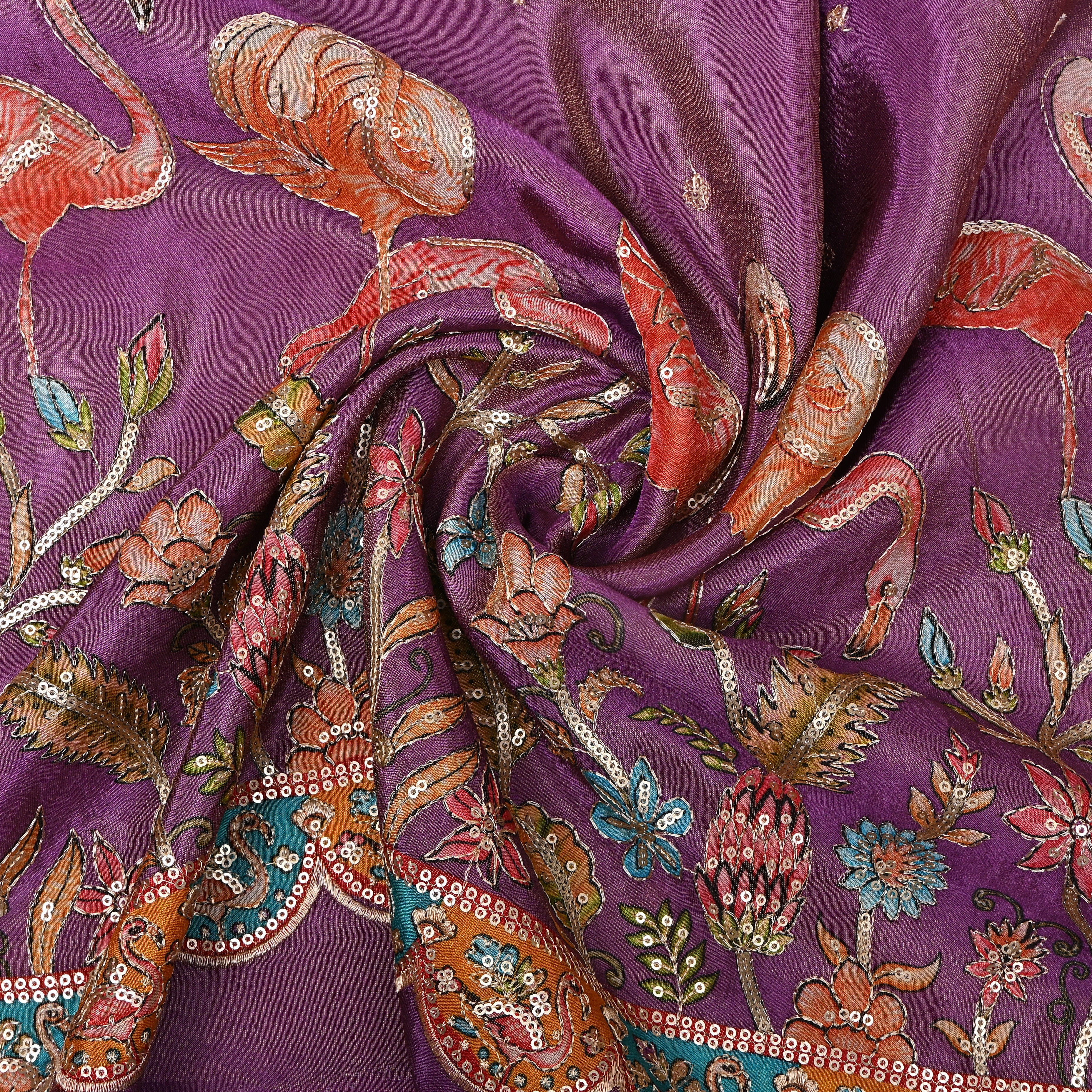 Purple Flamingo Sequin Embroidered Tissue Fabric