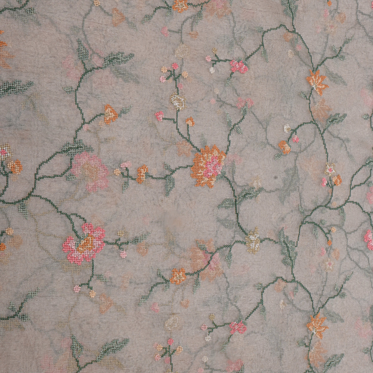 Dark Grey Floral Thread Work Tissue Fabric
