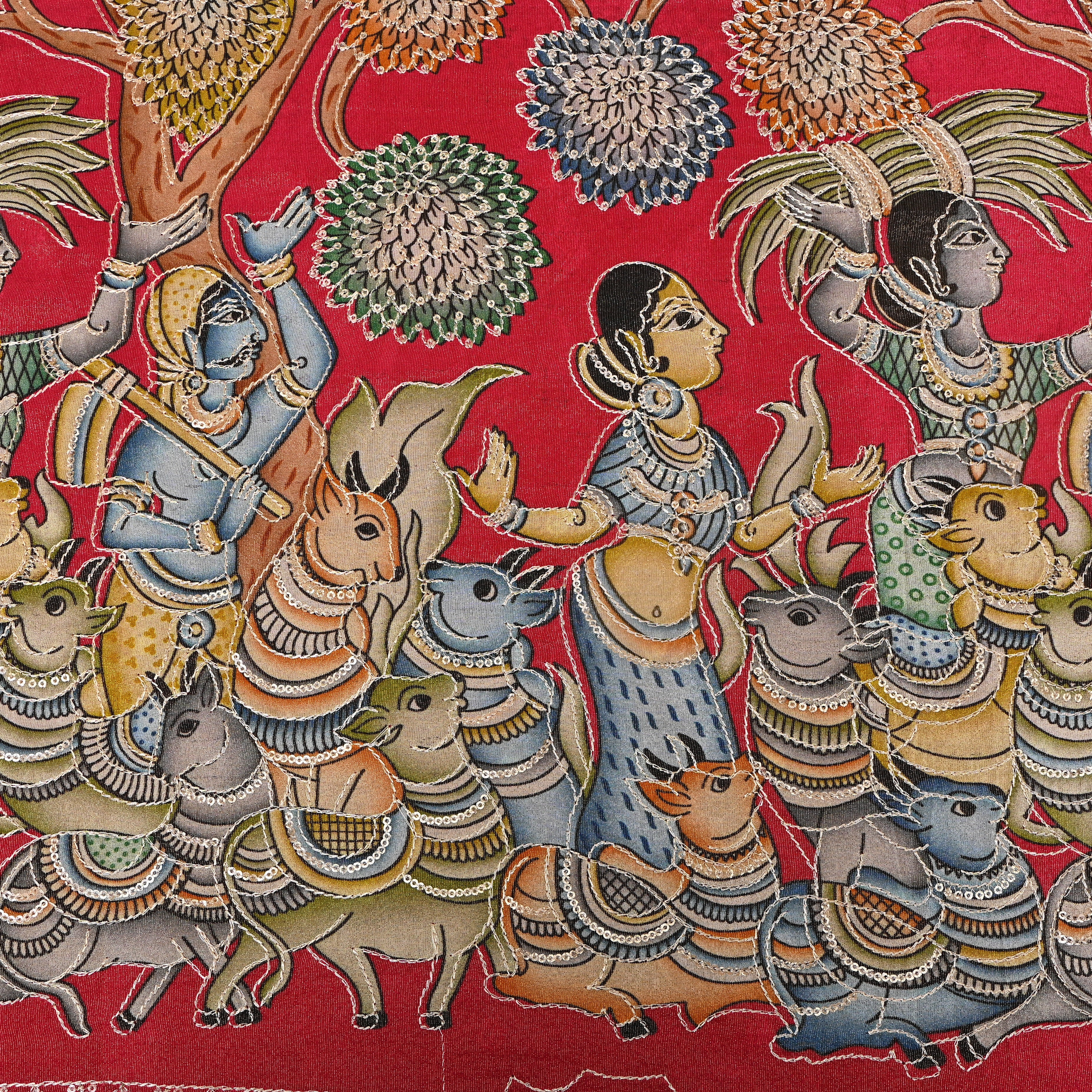 Deep Red Pastoral Pichwai Sequin Embroidery Silk Fabric