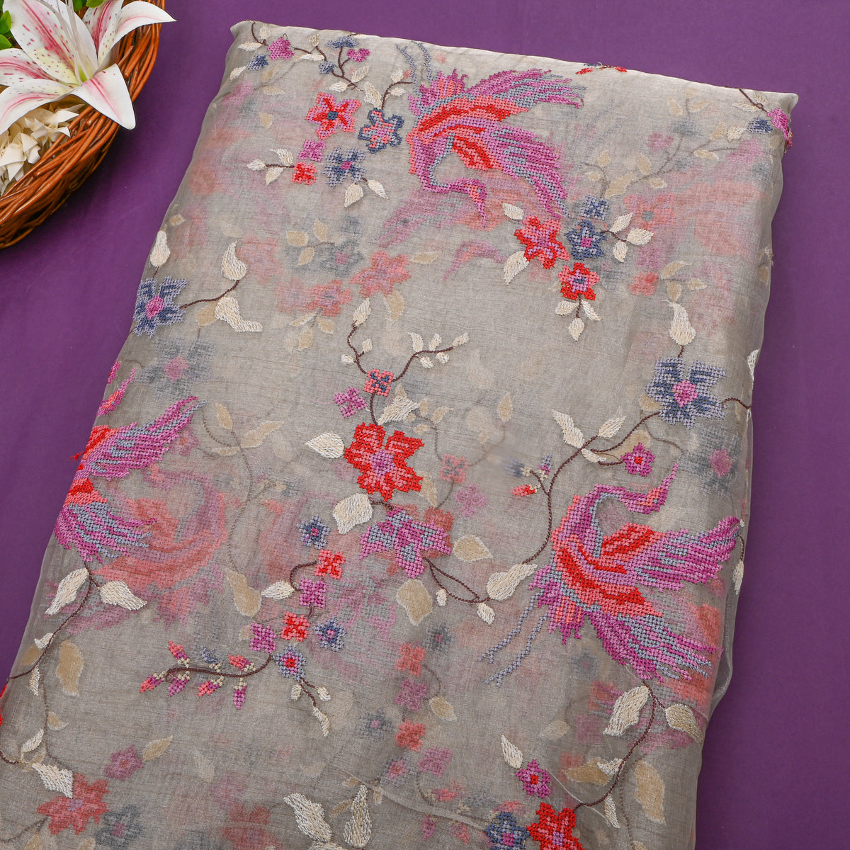 Gray Colourful Phoenix Jaal Thread Work Tissue Fabric