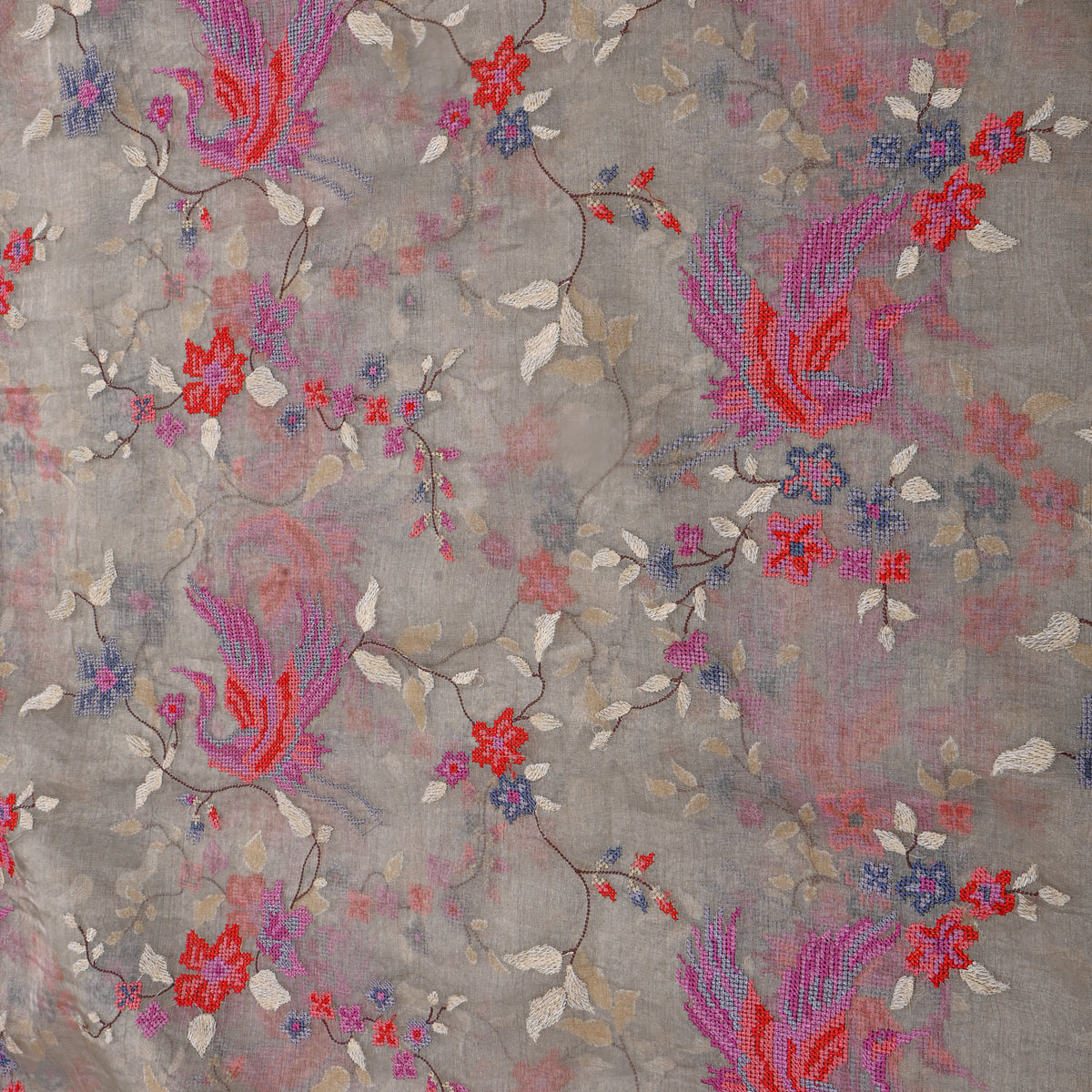 Gray Colourful Phoenix Jaal Thread Work Tissue Fabric