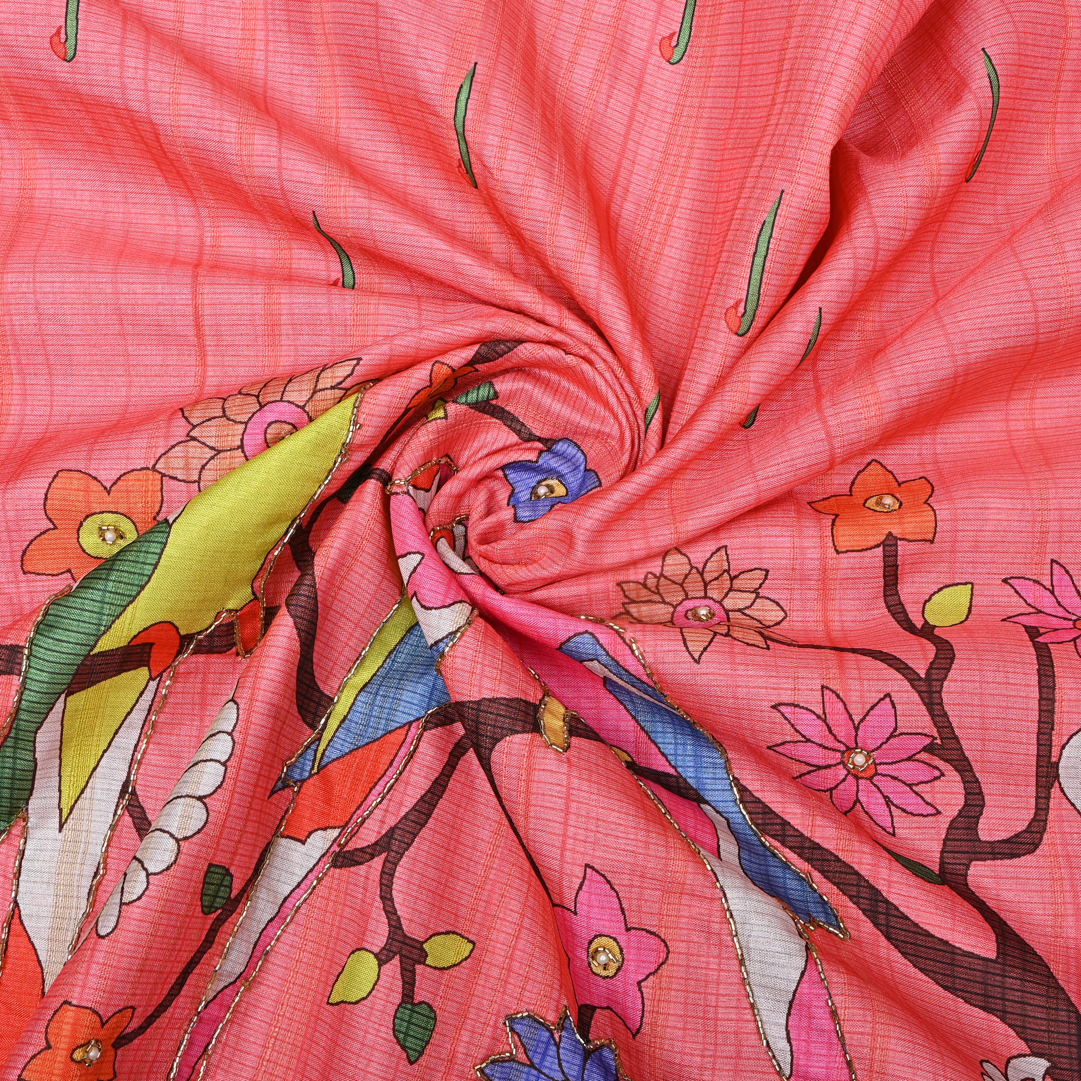 Coral Pink Parrot Kalamkari Print Kota Embroidery Fabric