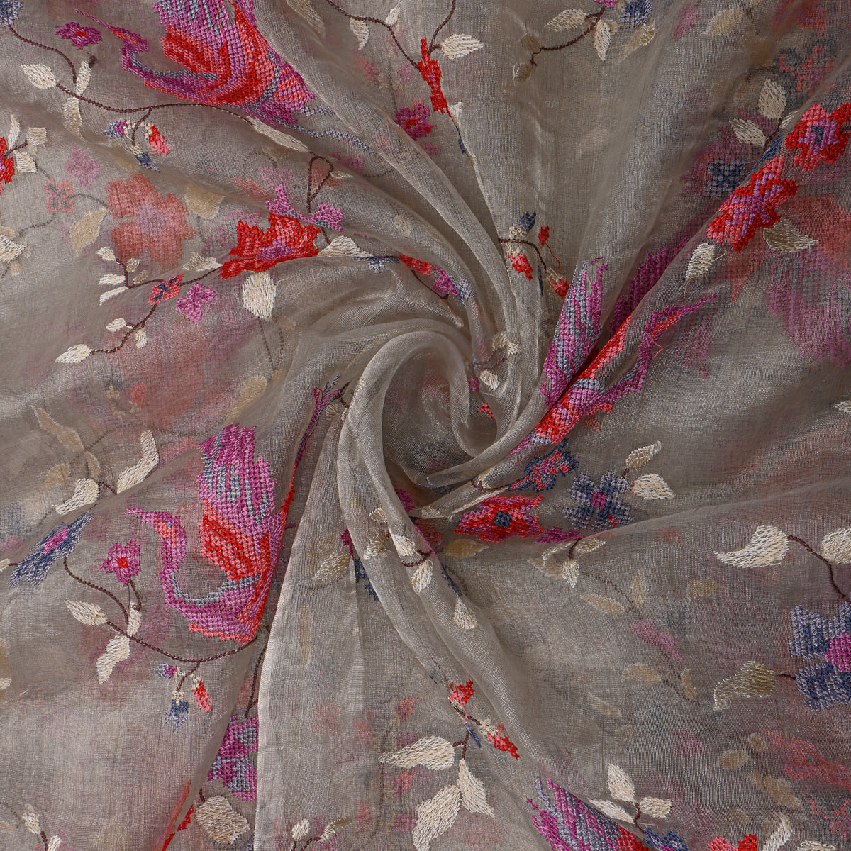 Gray Colourful Phoenix Jaal Thread Work Tissue Fabric