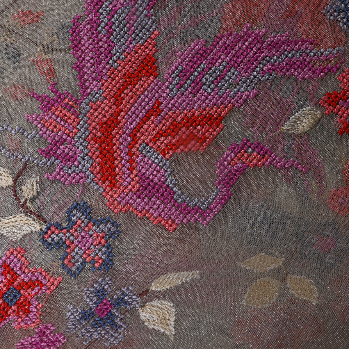 Gray Colourful Phoenix Jaal Thread Work Tissue Fabric