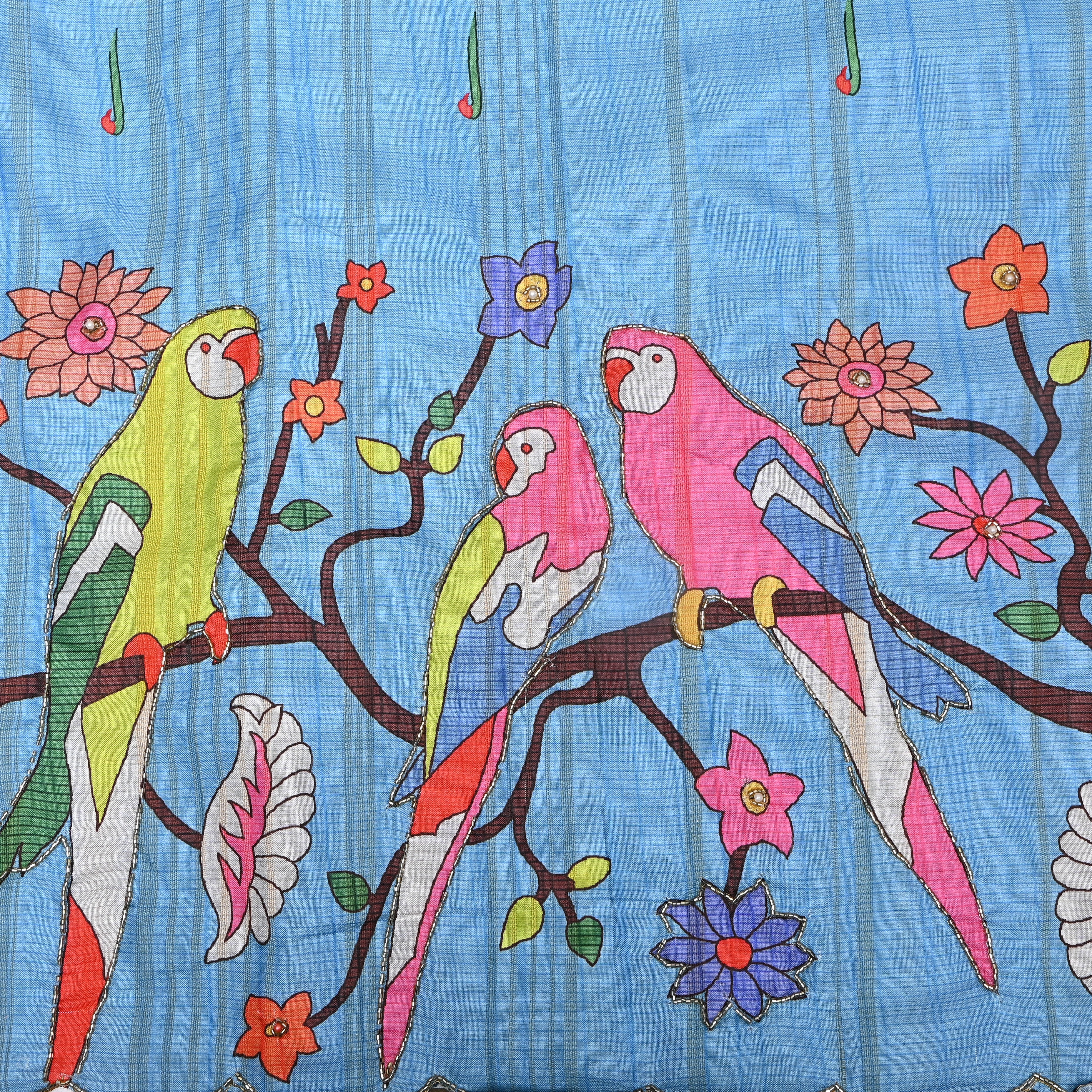 Bright Sky Blue Parrot Kalamkari Print Kota Embroidery Fabric