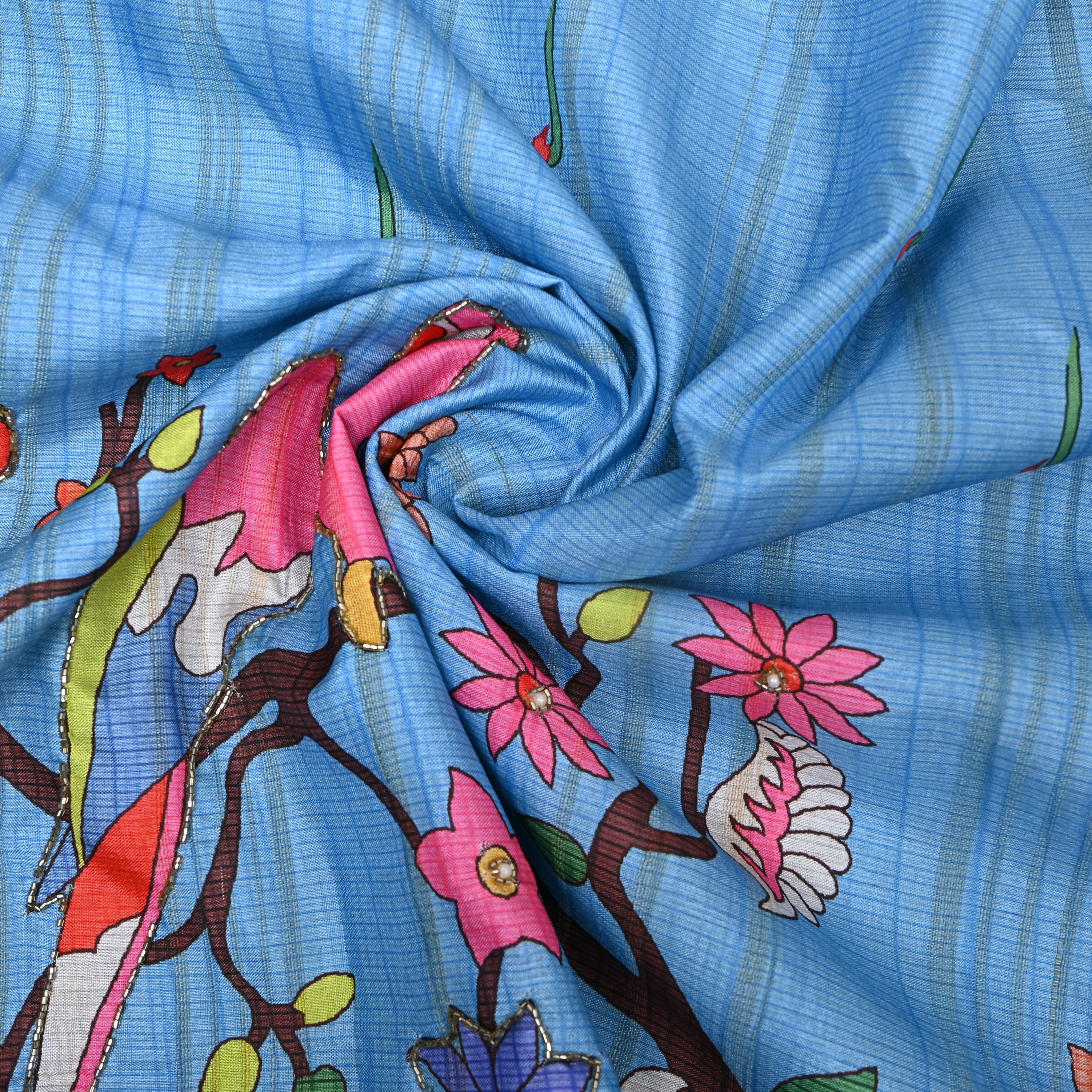 Bright Sky Blue Parrot Kalamkari Print Kota Embroidery Fabric