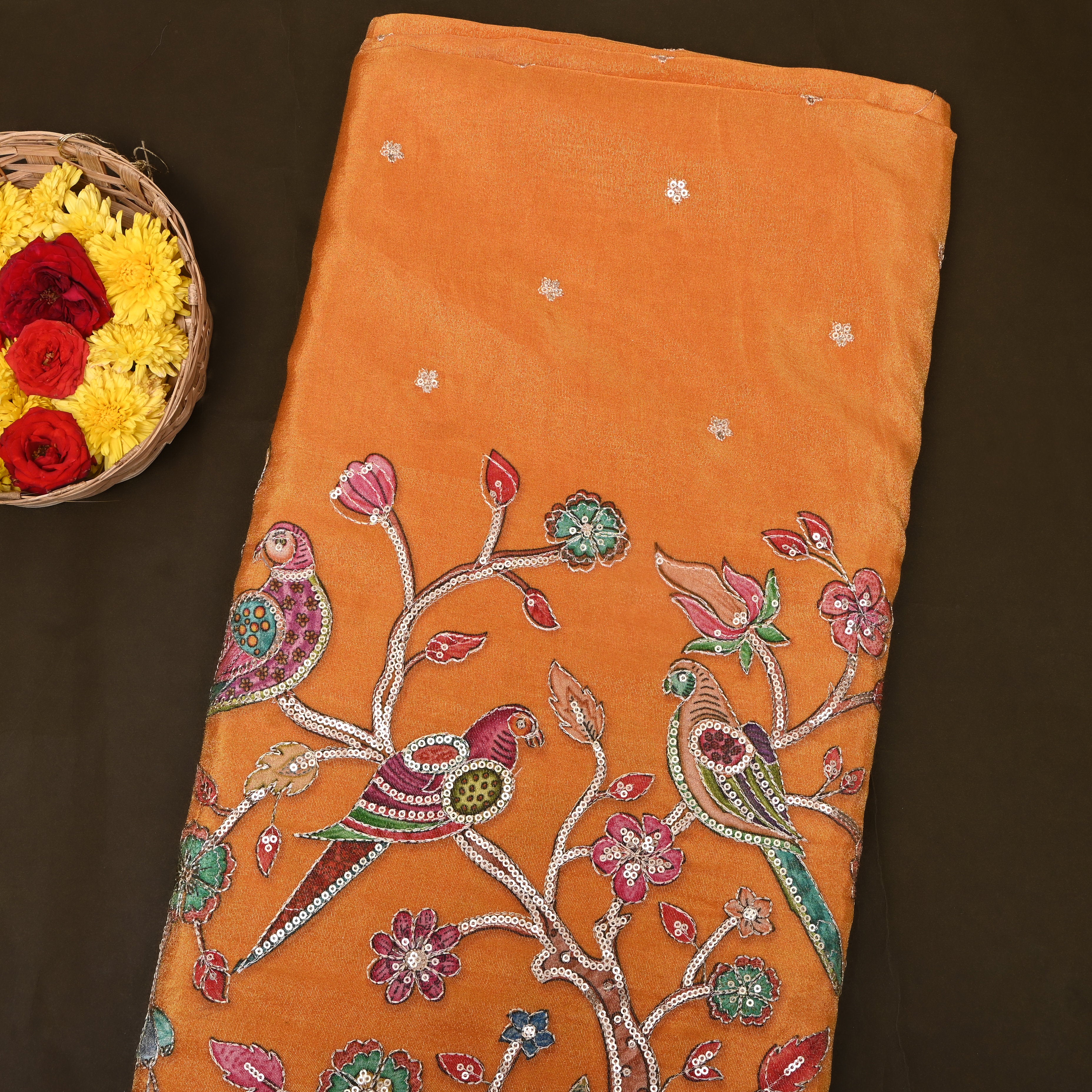 Rust Orange Bird Floral Sequin Embroidery Tissue Fabric