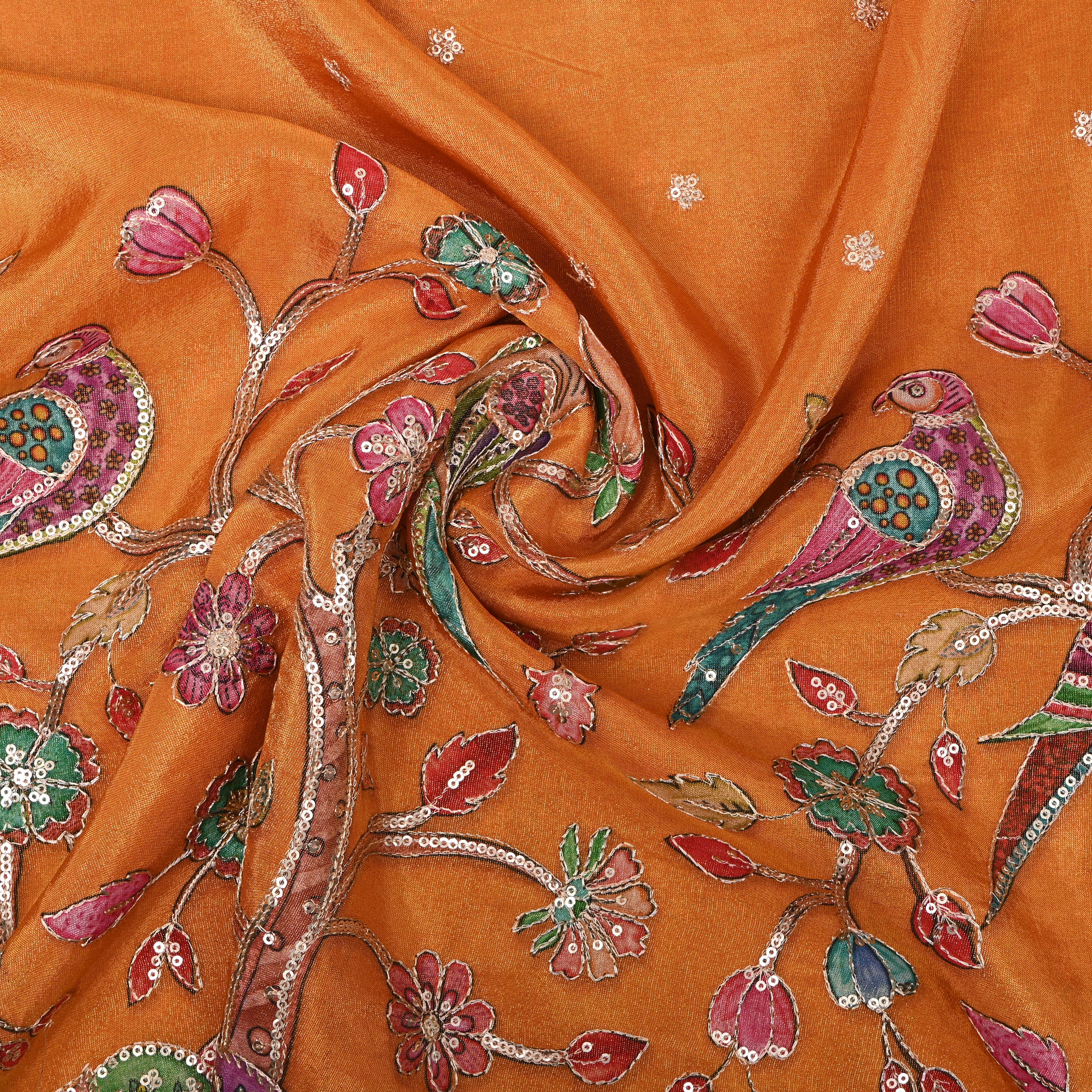 Rust Orange Bird Floral Sequin Embroidery Tissue Fabric