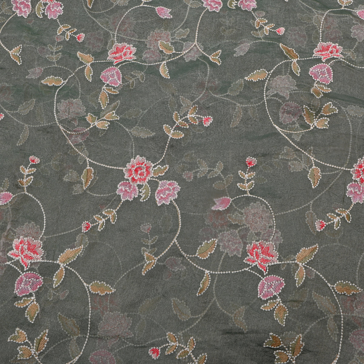 Bright Green Tissue Fabric With Floral Jaal Thread Work