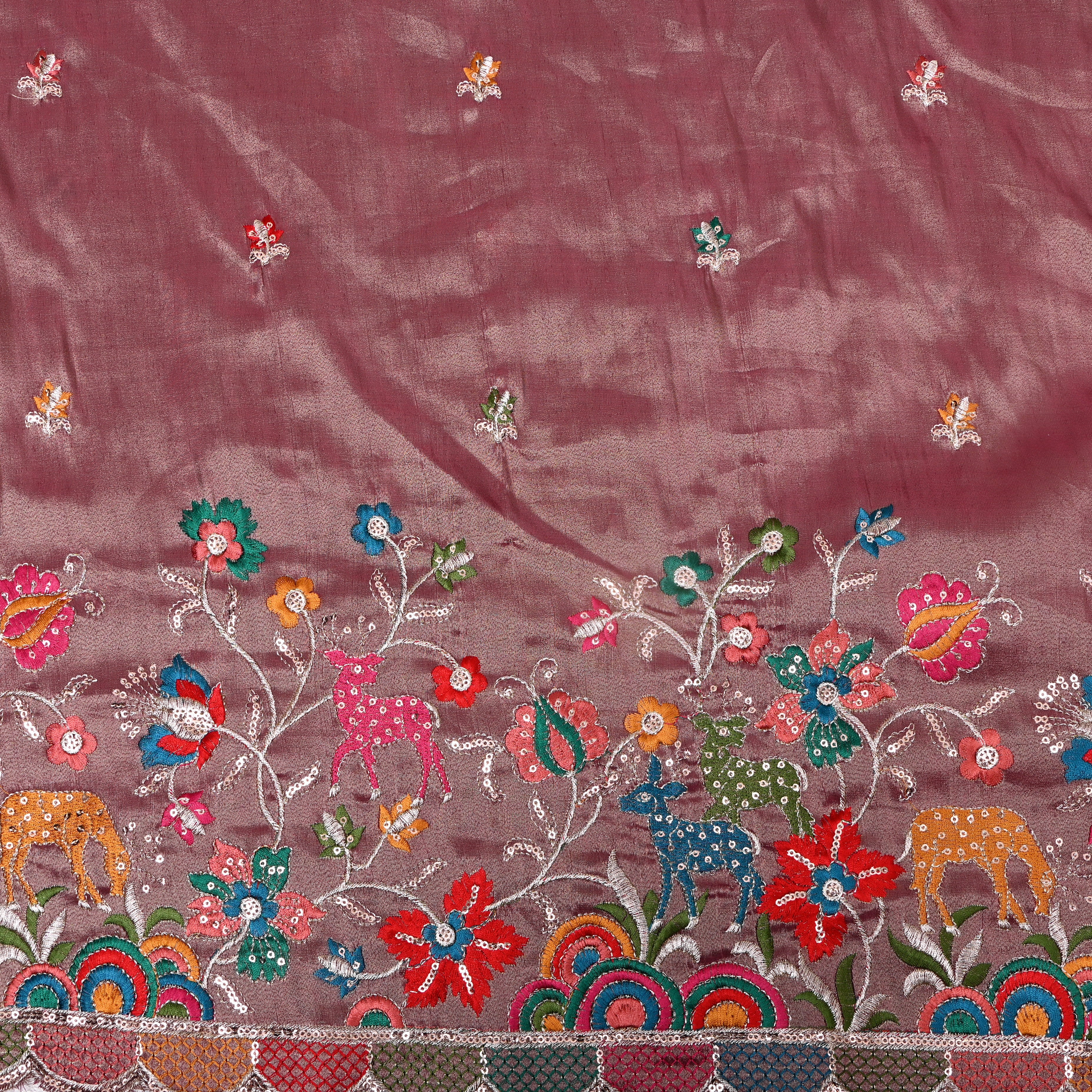 Magenta Deer Floral Sequin Embroidery Tissue Fabric