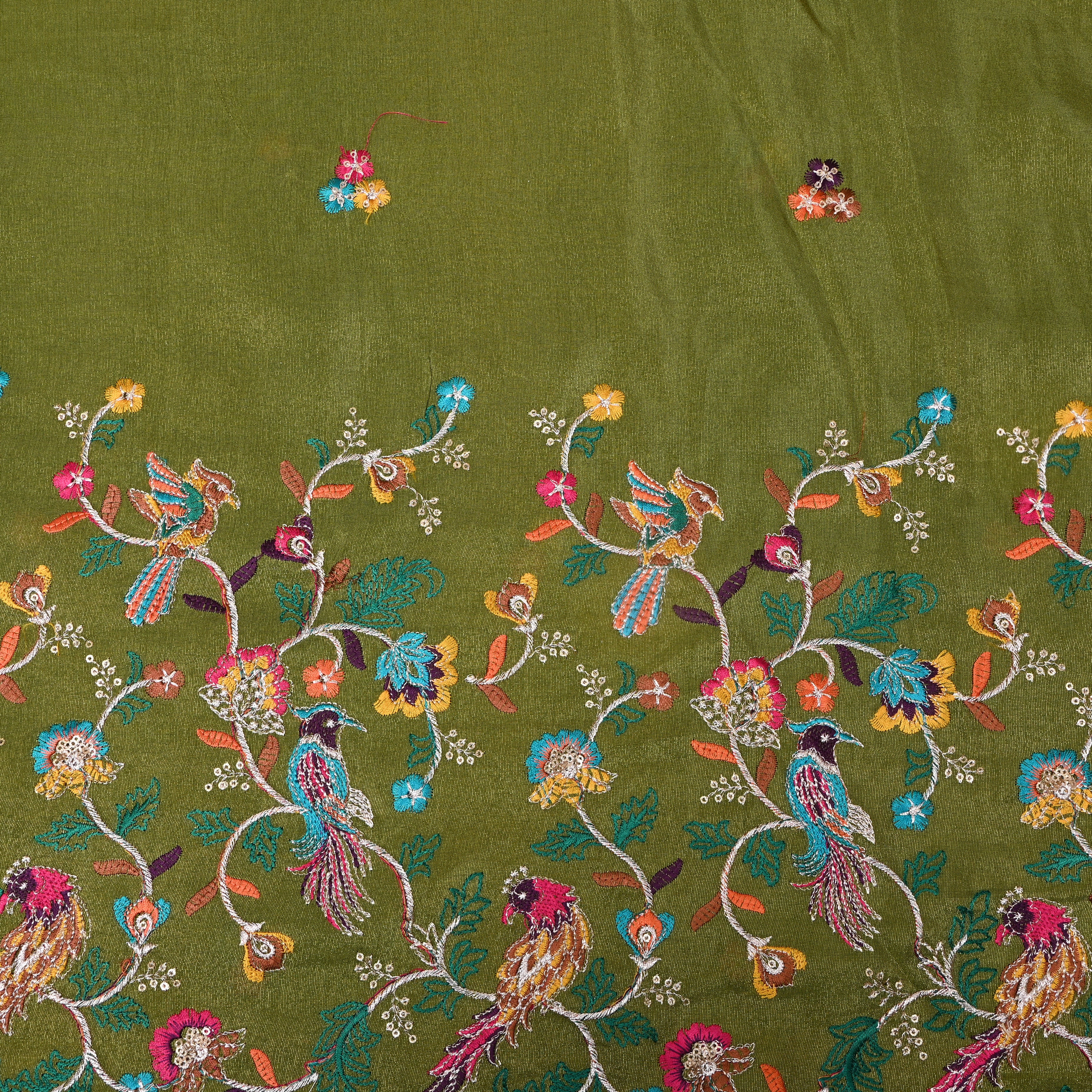 Olive Green Multicolour Bird Embroidery Tissue Fabric