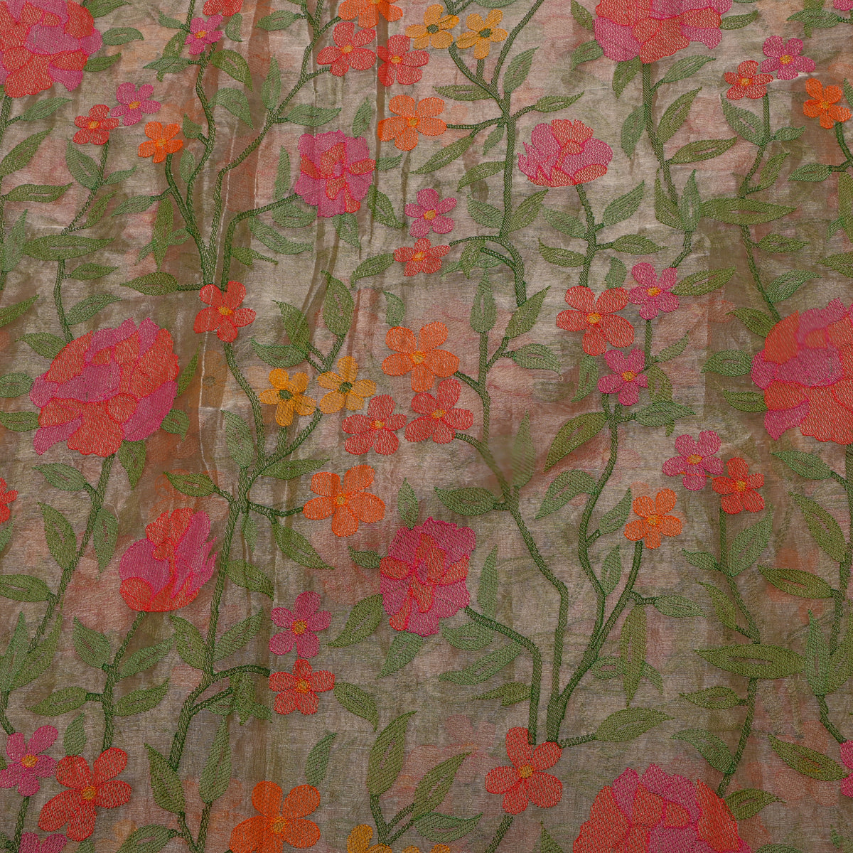 Multicolour Meenakari Floral Embroidered Tussar Fabric
