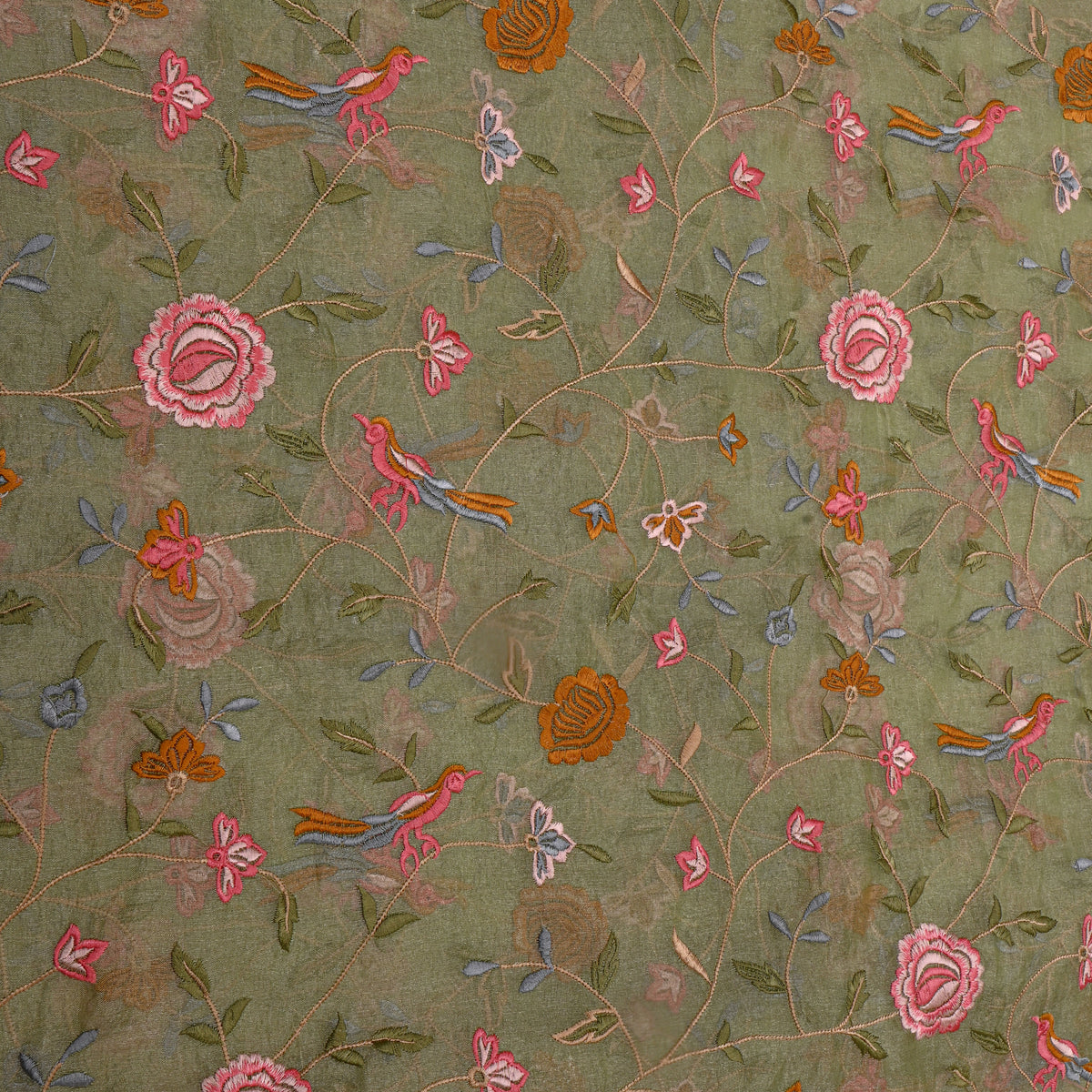 Bright Green Floral Thread WorkTissue Fabric