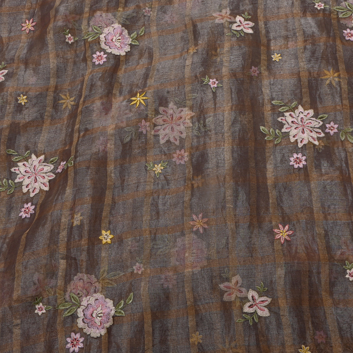 Dark Gray Tissue Fabric With Checks And Floral Embellishment