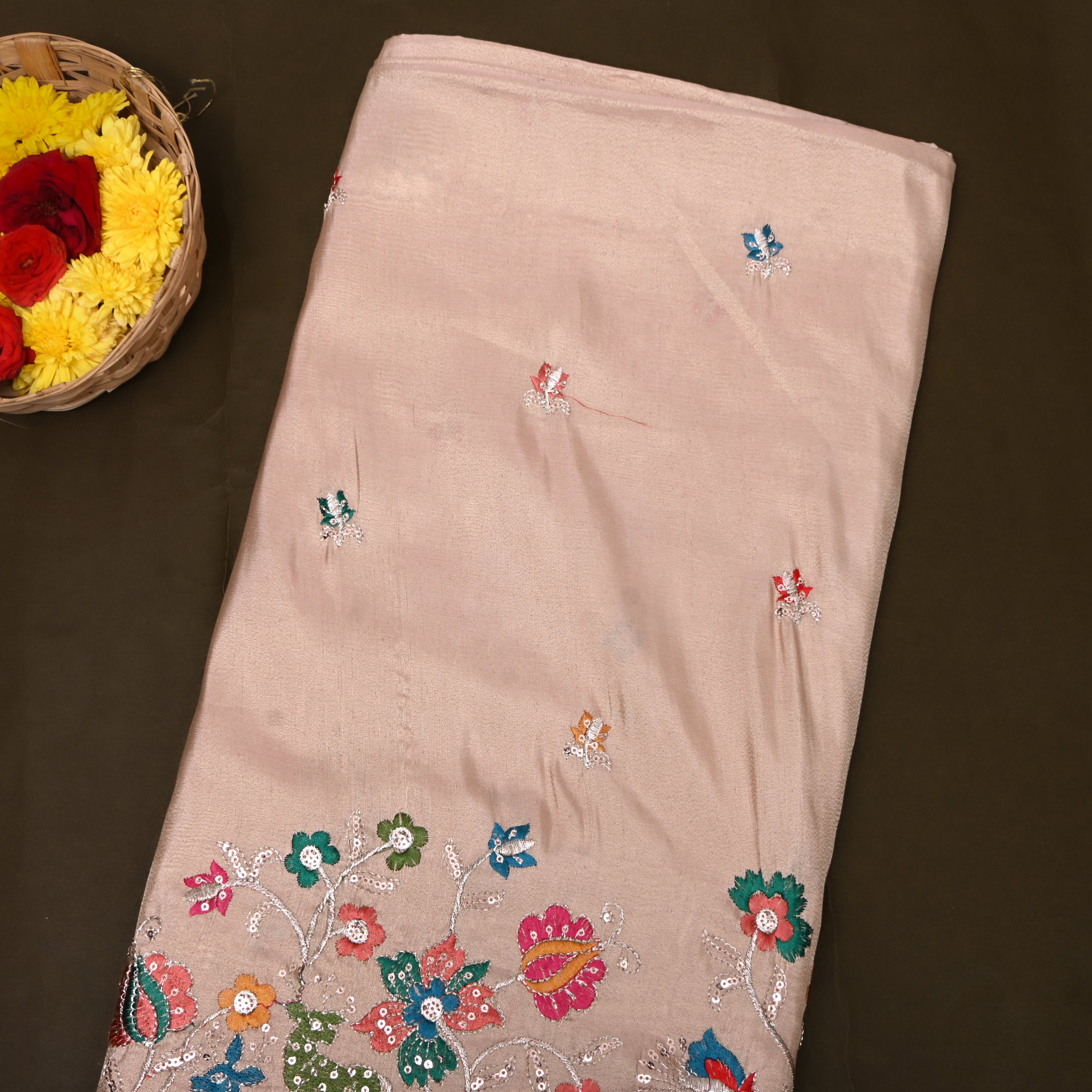 Pastel Peach Sequin Floral Deer Embroidery Tissue Fabric