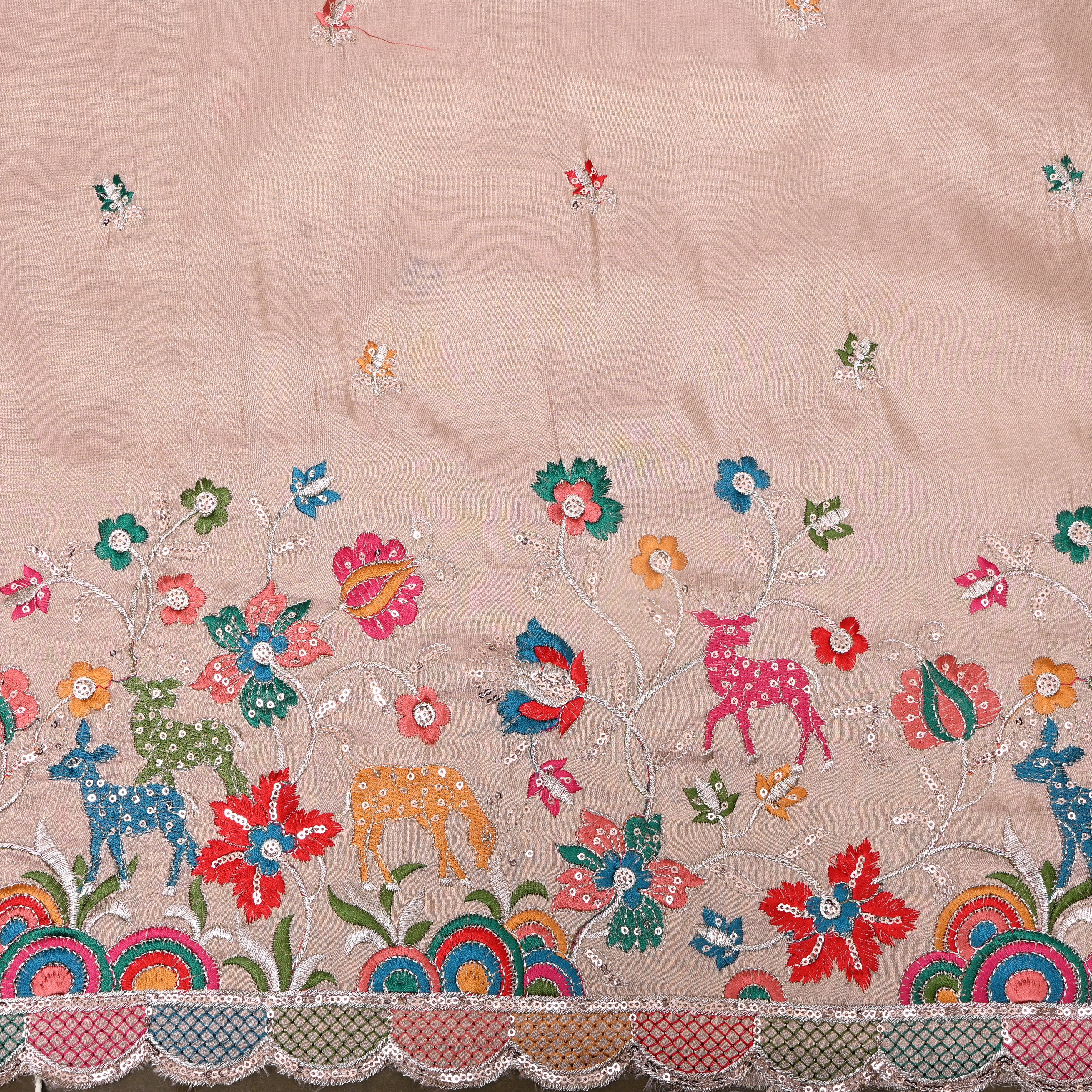 Pastel Peach Sequin Floral Deer Embroidery Tissue Fabric