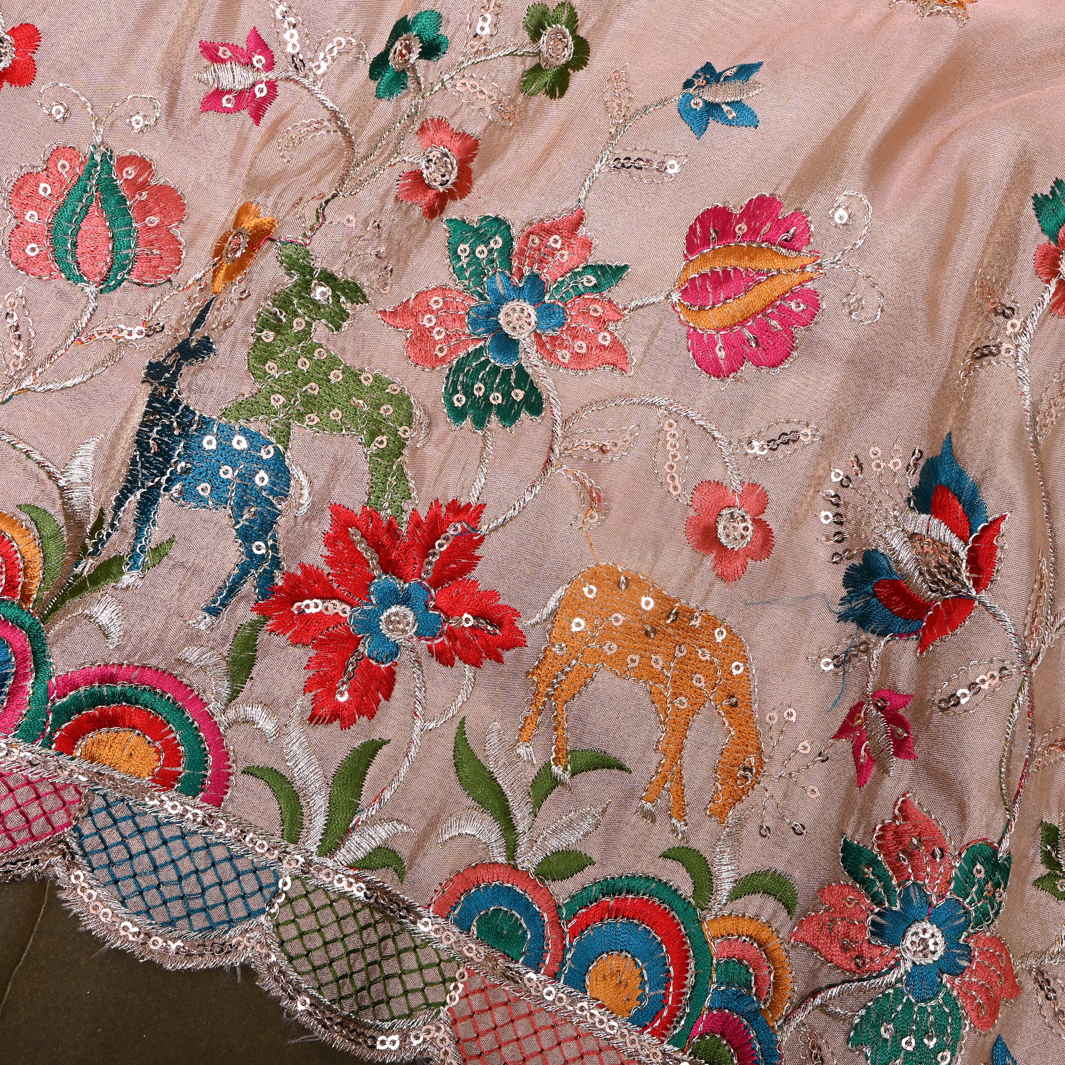 Pastel Peach Sequin Floral Deer Embroidery Tissue Fabric
