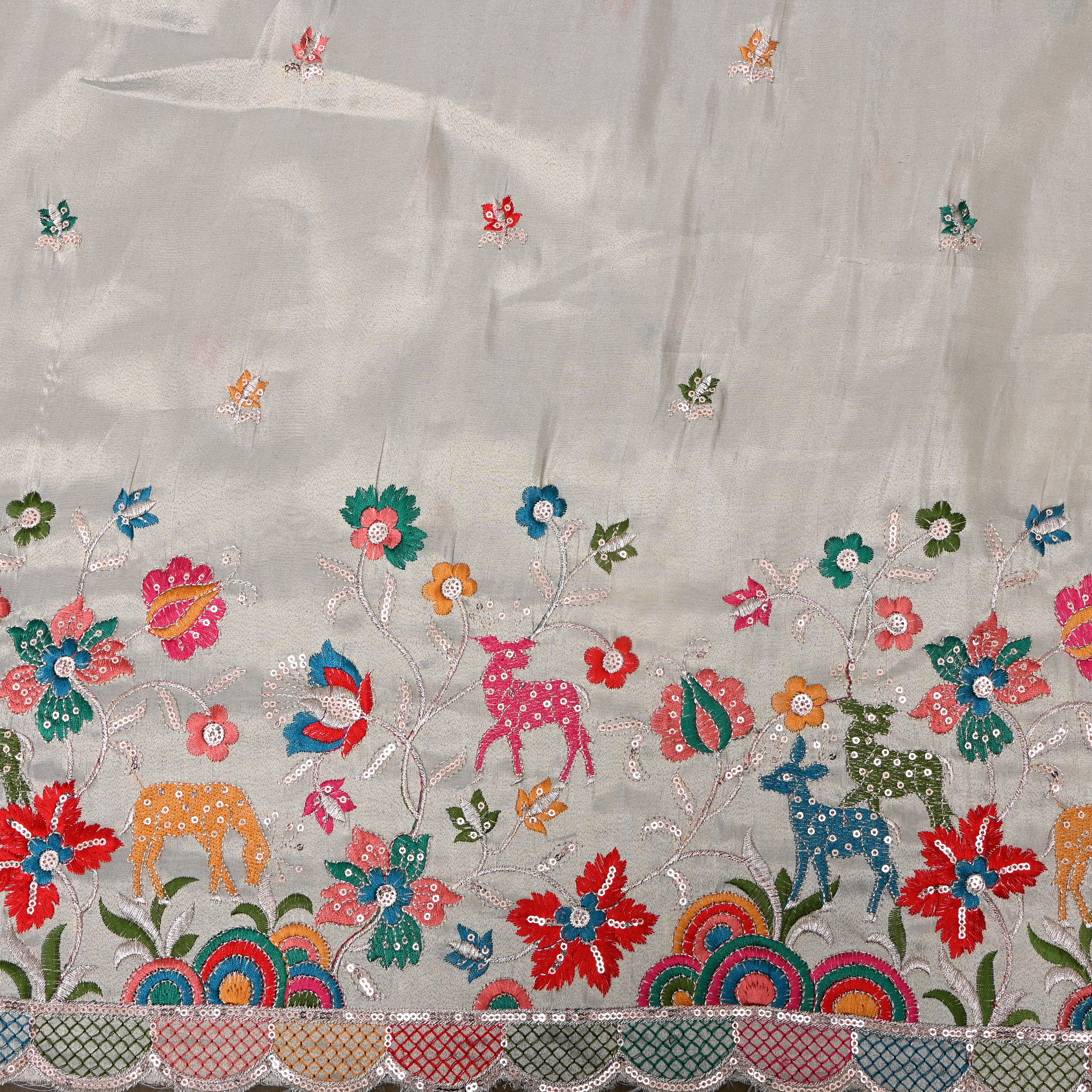 Silver Grey Sequin Floral Embroidery Tissue Fabric