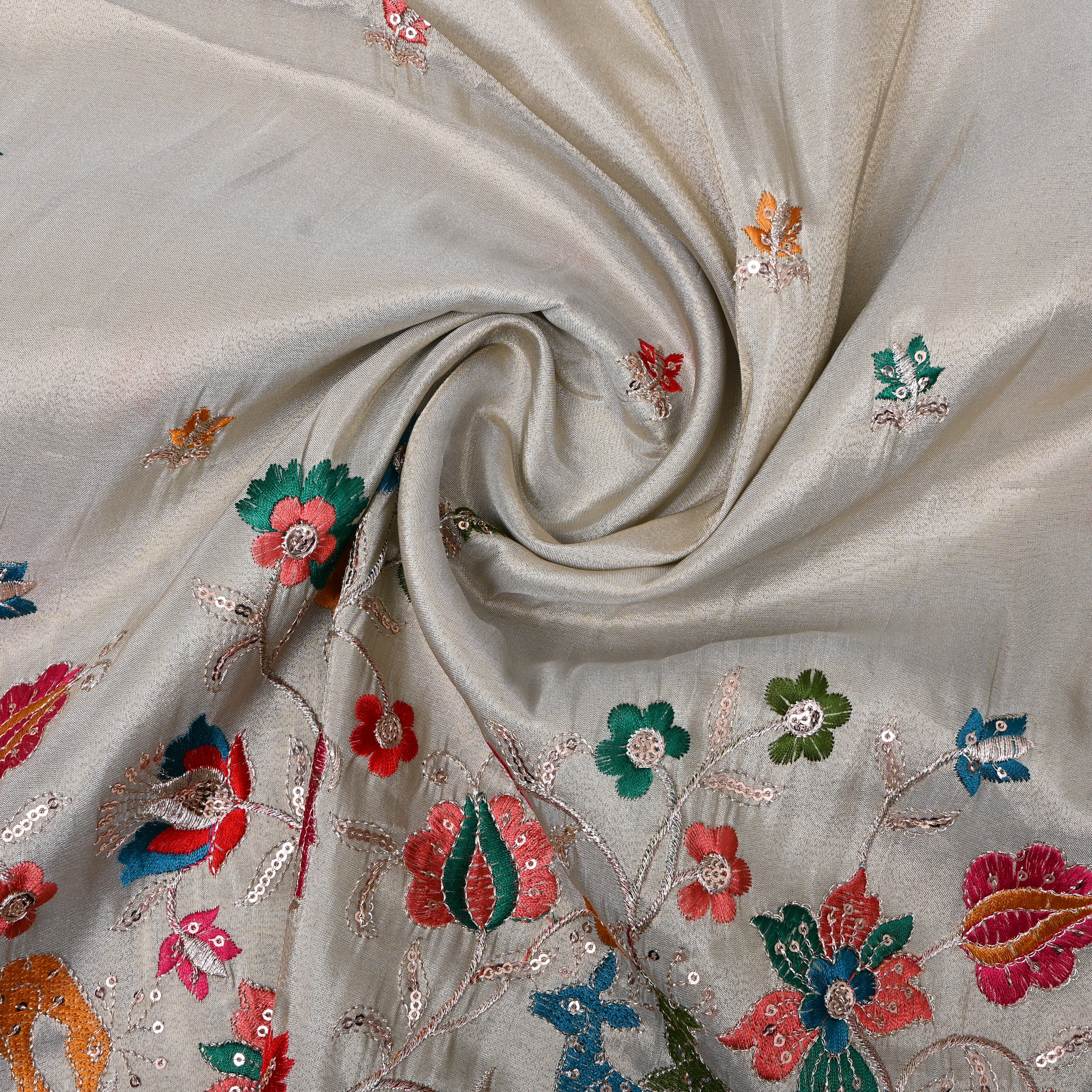 Silver Grey Sequin Floral Embroidery Tissue Fabric