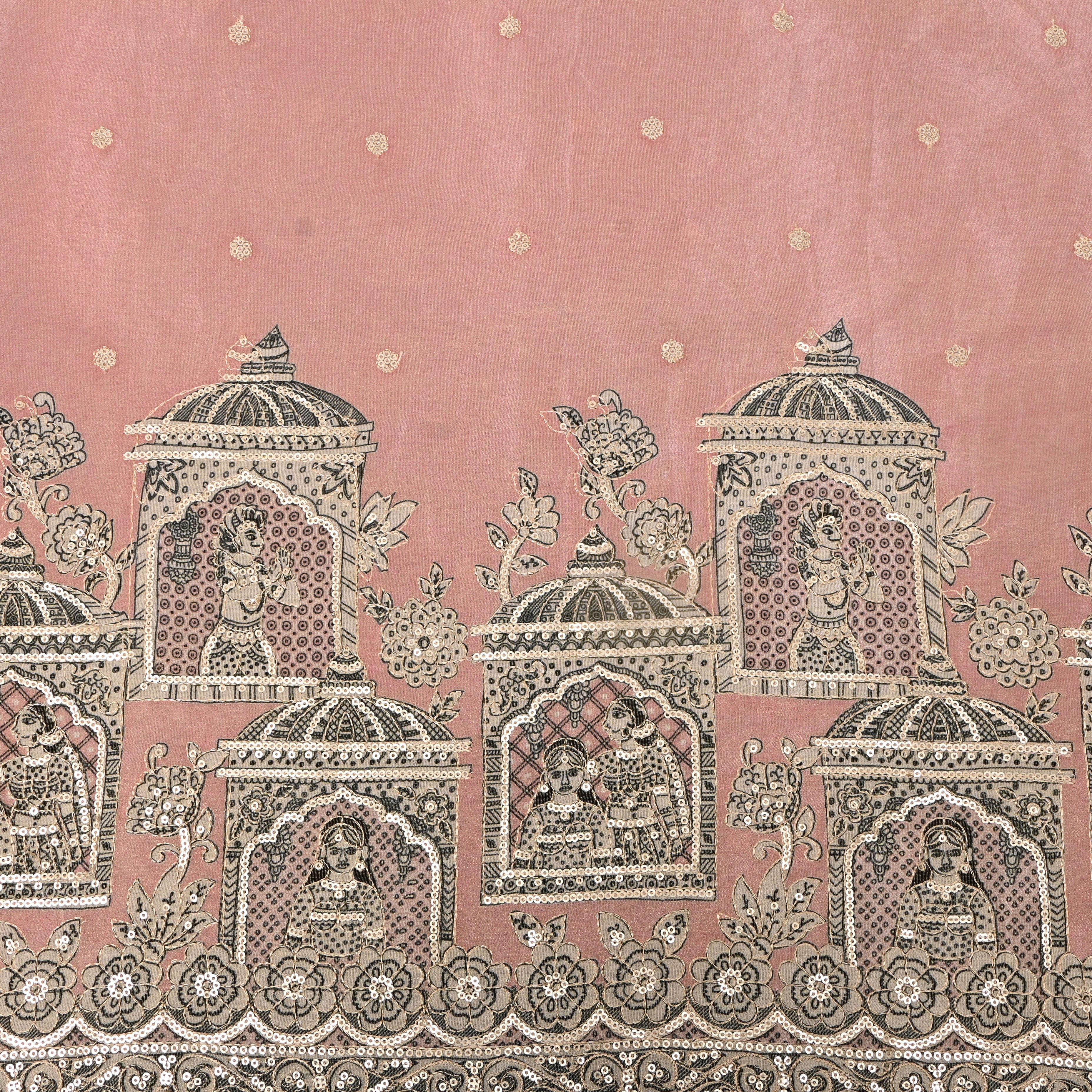 Dusty Rose Pichwai Tissue Embroidery Fabric