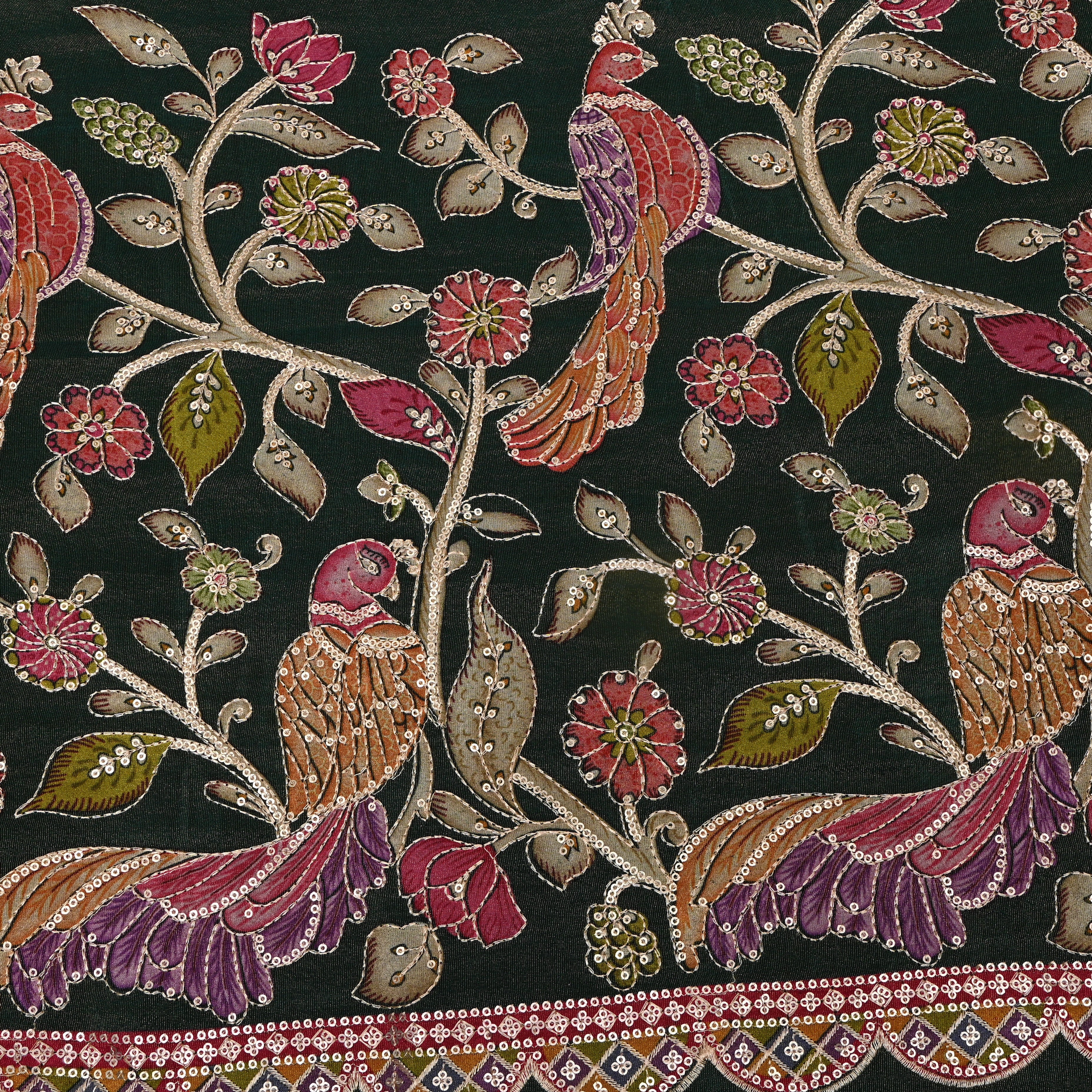 Bottle Green Peacock Sequin Embroidery Cotton Fabric