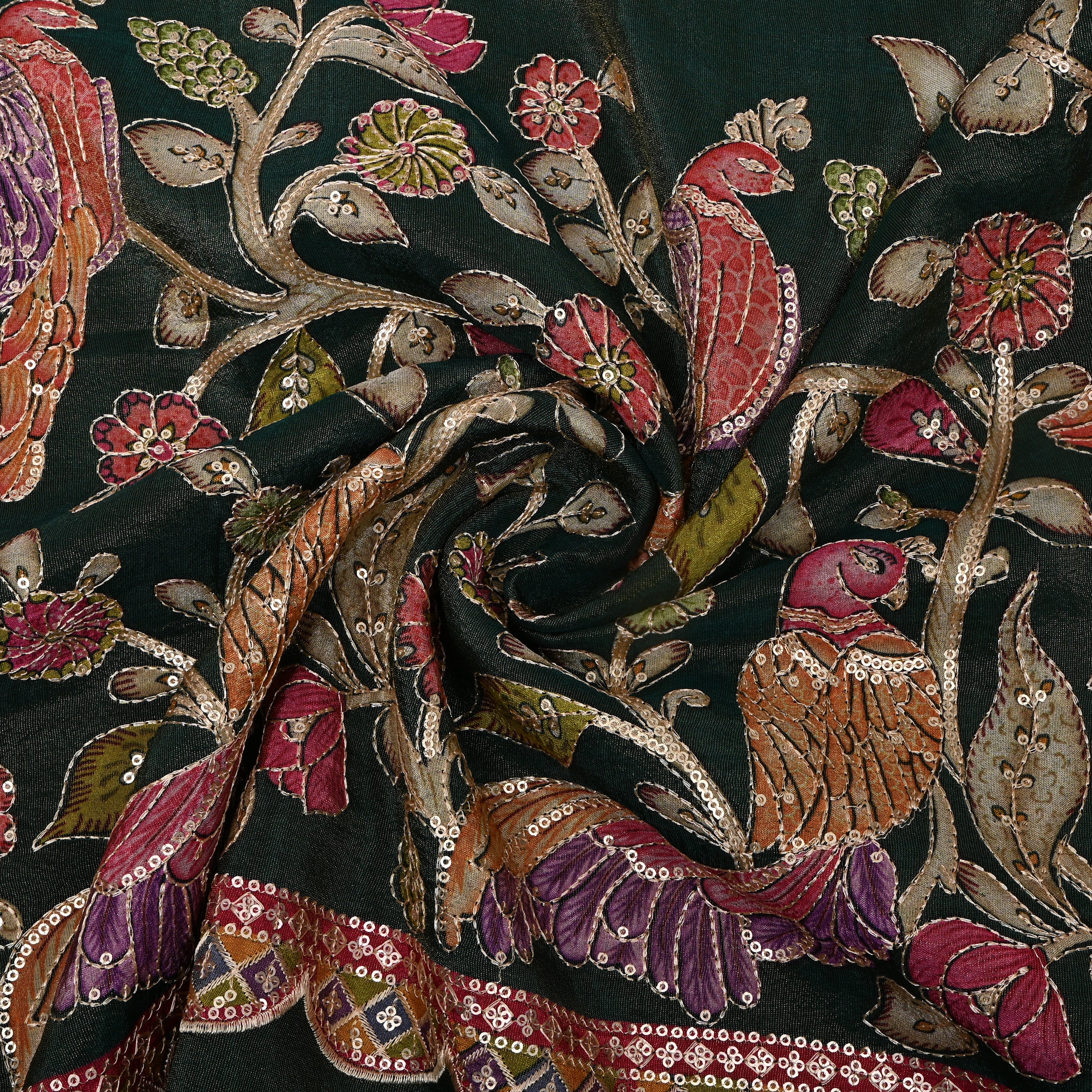 Bottle Green Peacock Sequin Embroidery Cotton Fabric