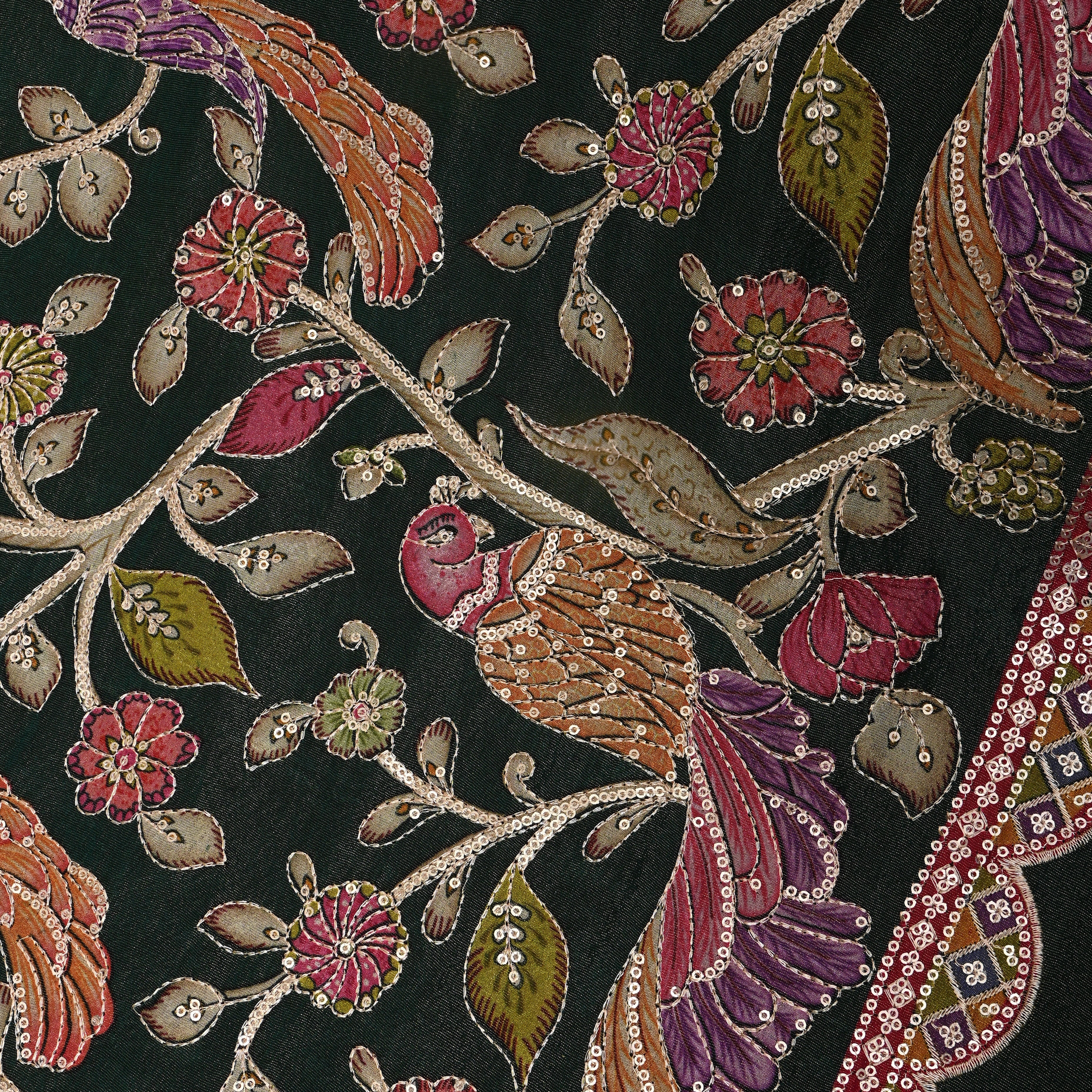 Bottle Green Peacock Sequin Embroidery Cotton Fabric