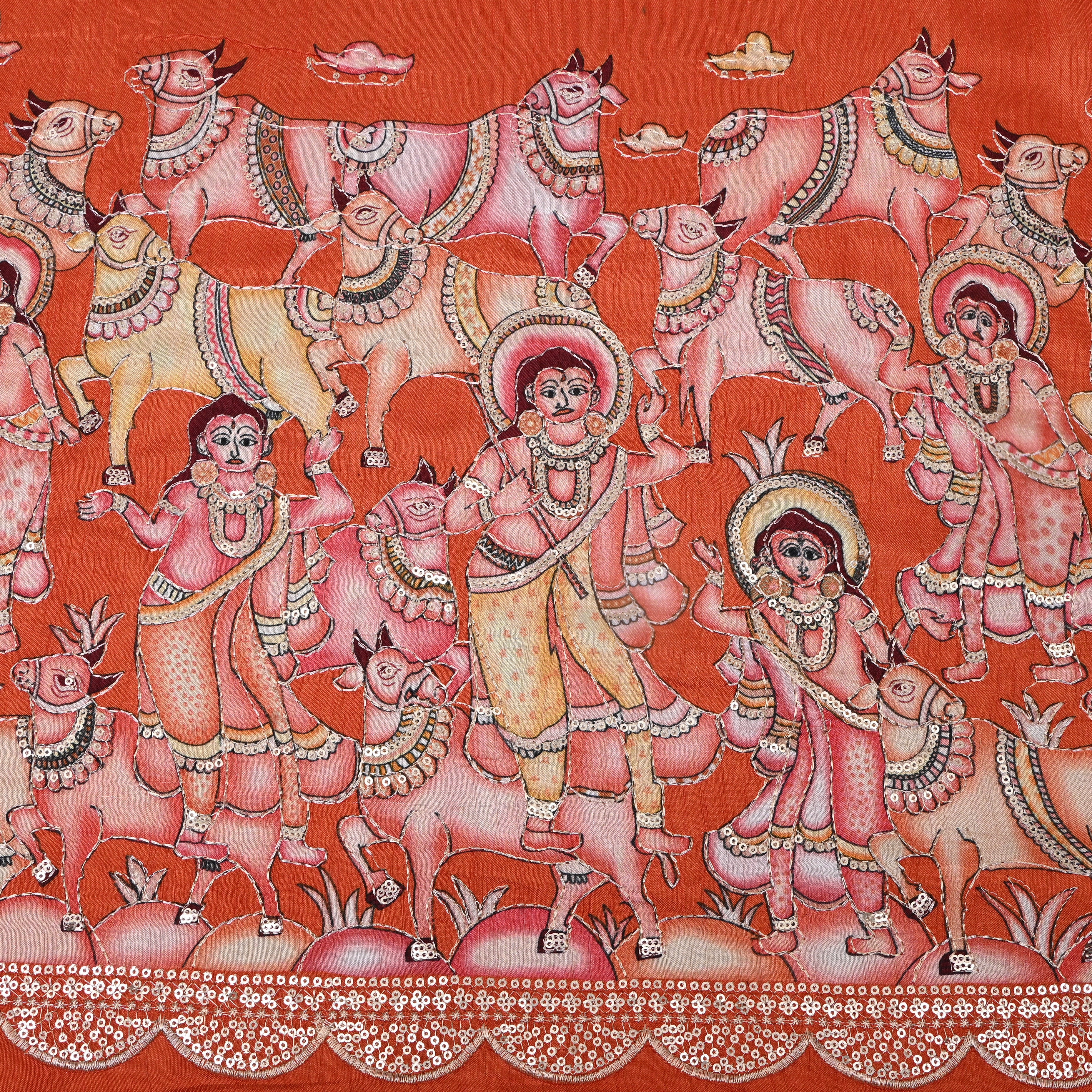 Rust Orange Pastoral Pichwai Sequin Embroidery Silk Fabric