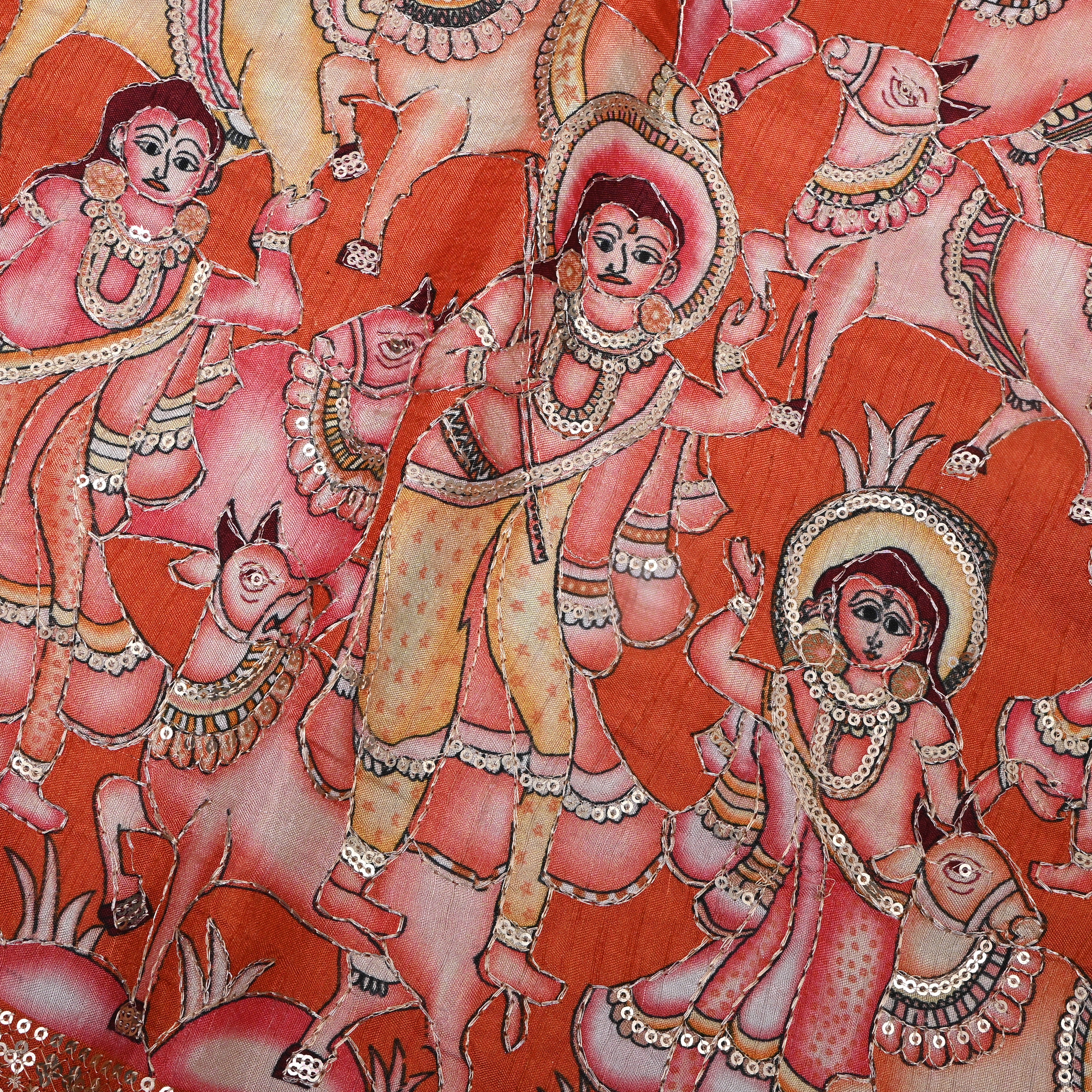 Rust Orange Pastoral Pichwai Sequin Embroidery Silk Fabric