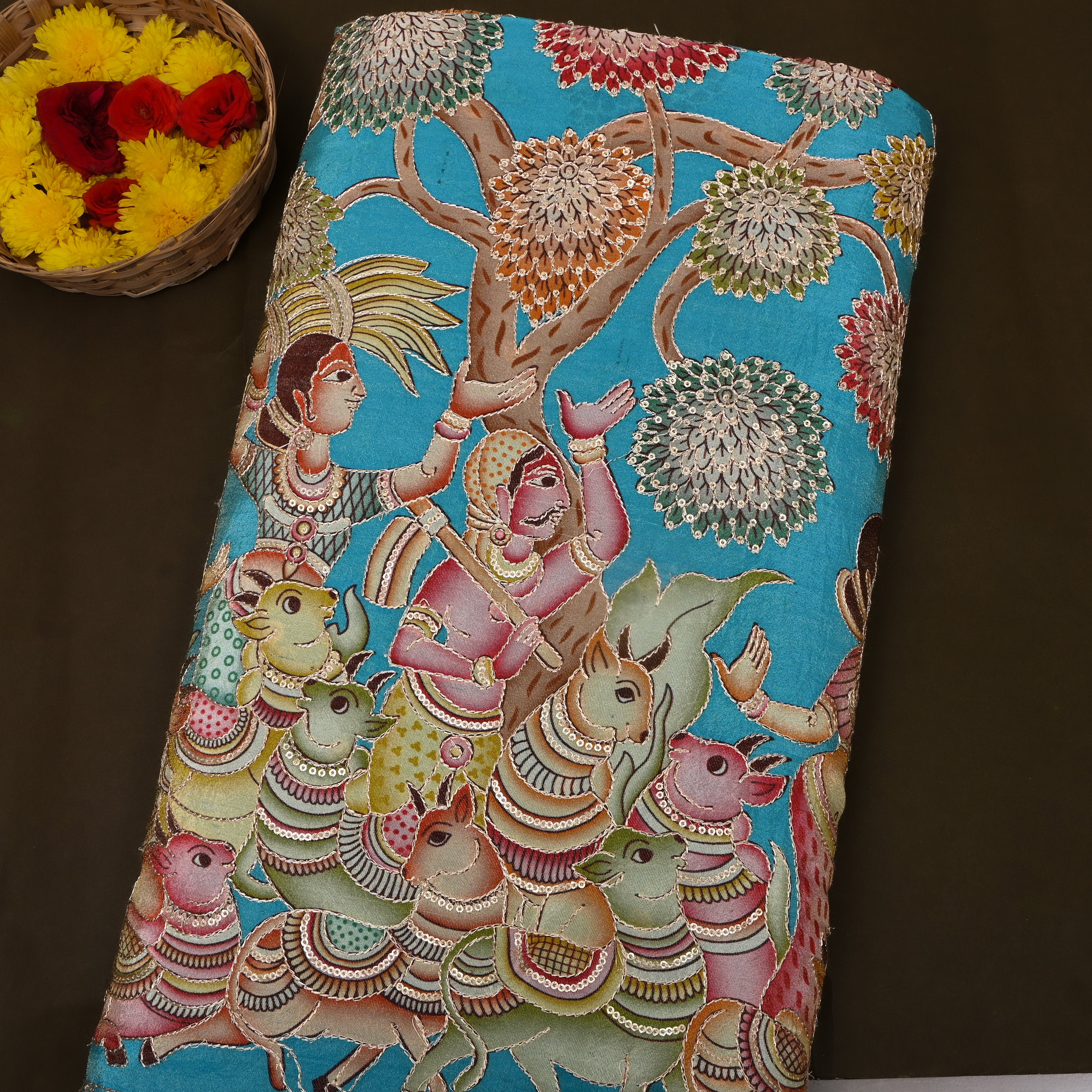 Turquoise Pastoral Pichwai Sequin Embroidery Fabric